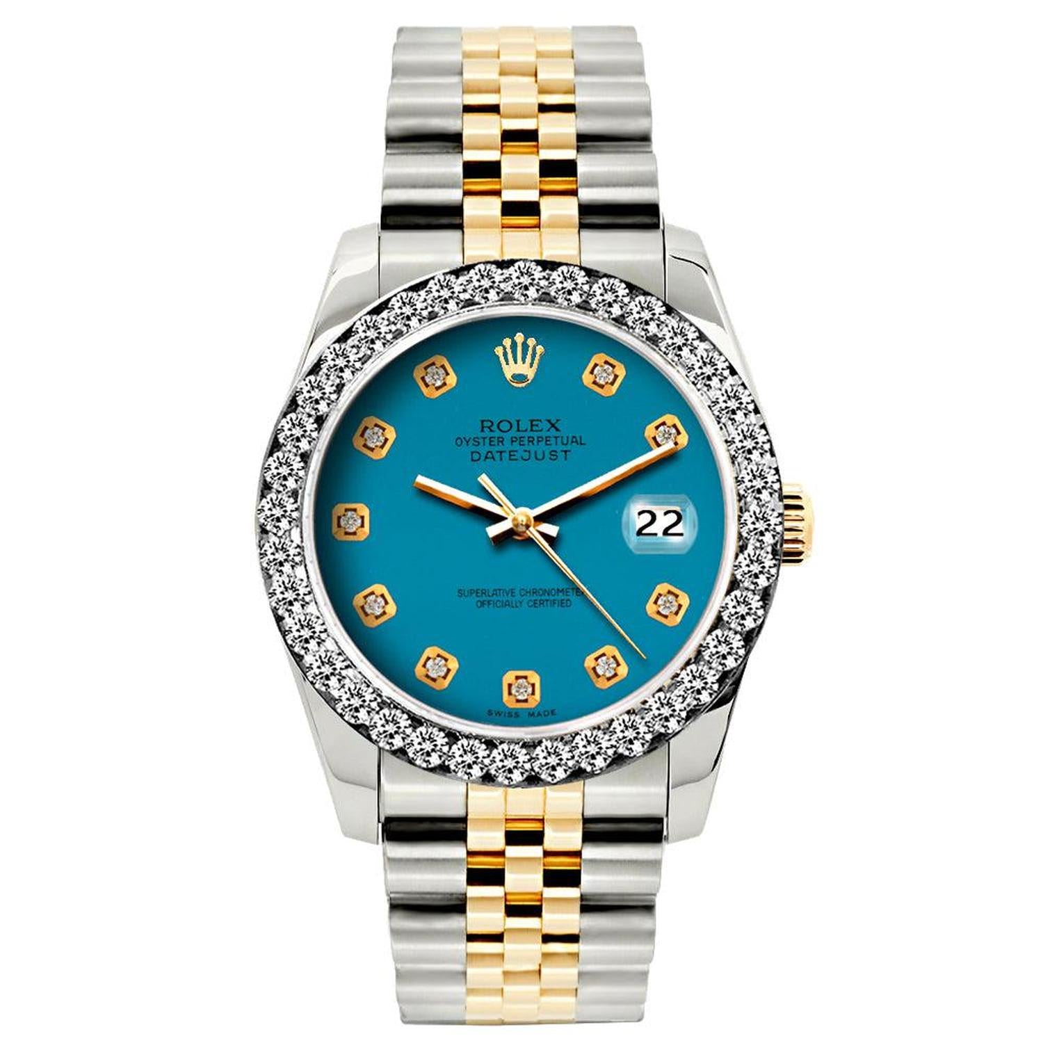 Rolex Datejust 26MM 69173 Blue Diamond Dial Diamond Bezel Two Tone Jubilee Bracelet 1.2ct