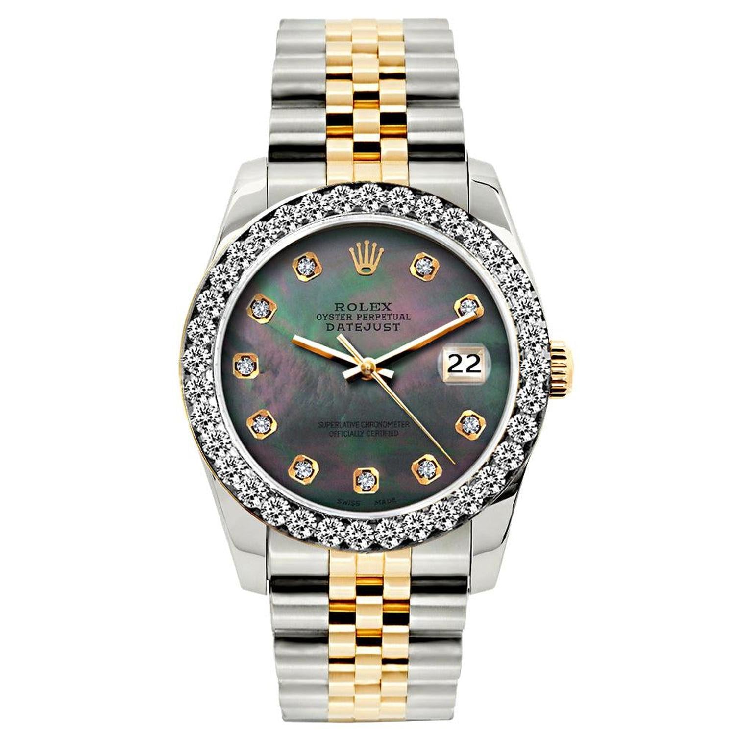 Rolex Datejust 26MM 69173 Black Mother of Pearl Diamond Dial Diamond Bezel Two Tone Jubilee Bracelet 1.2ct