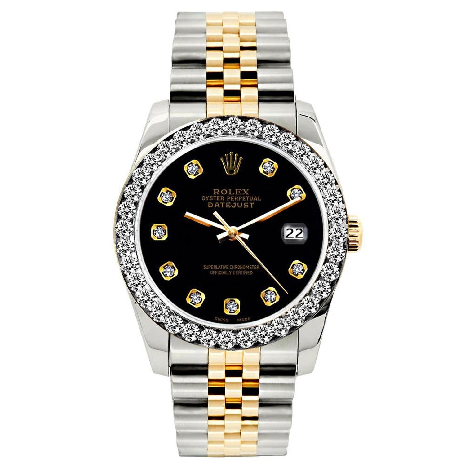 Rolex Datejust 26MM 69173 Black Diamond Dial Diamond Bezel Two Tone Jubilee Bracelet 1.2ct