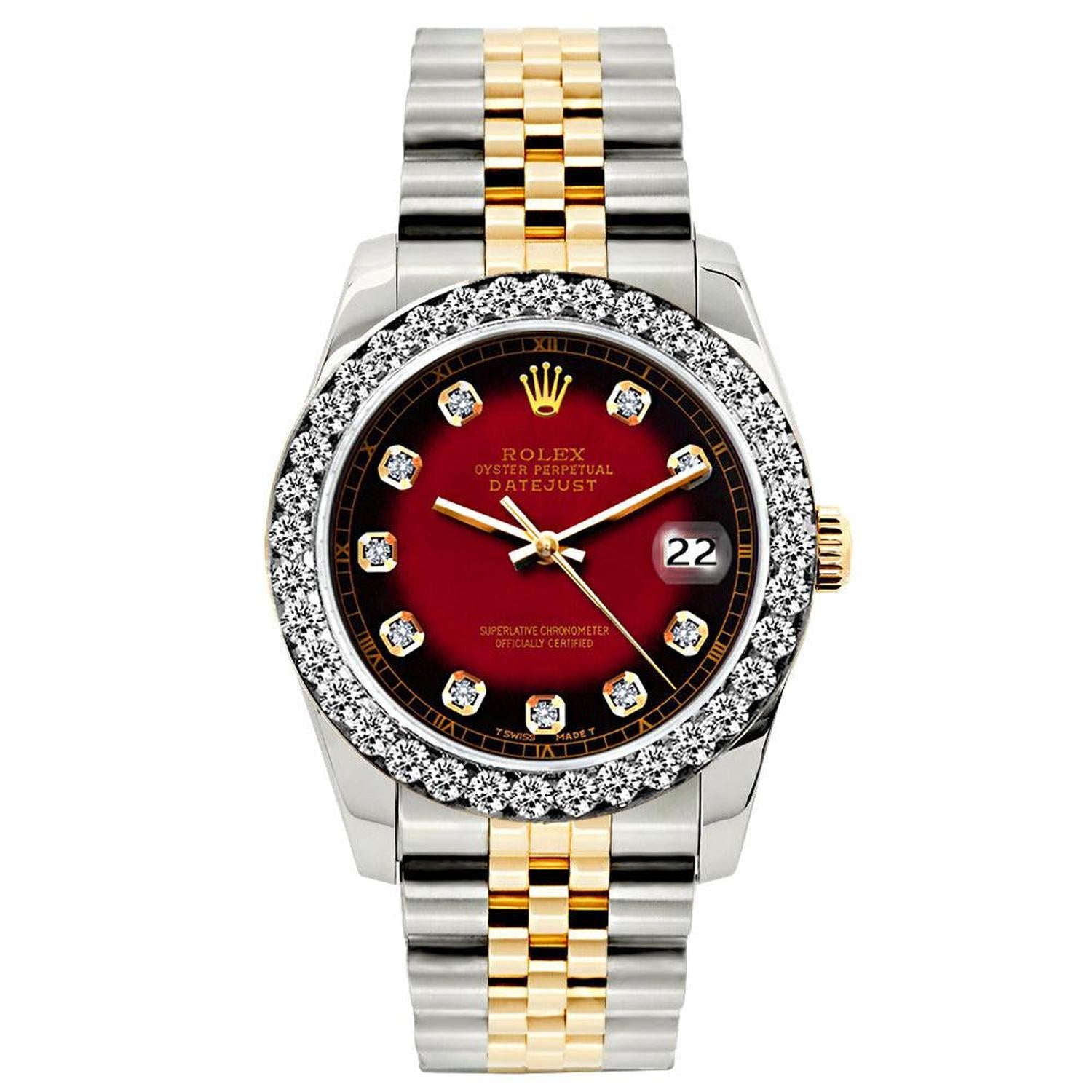 Rolex Datejust 26MM 69173 Red Diamond Dial Diamond Bezel Two Tone Jubilee Bracelet 1.2ct