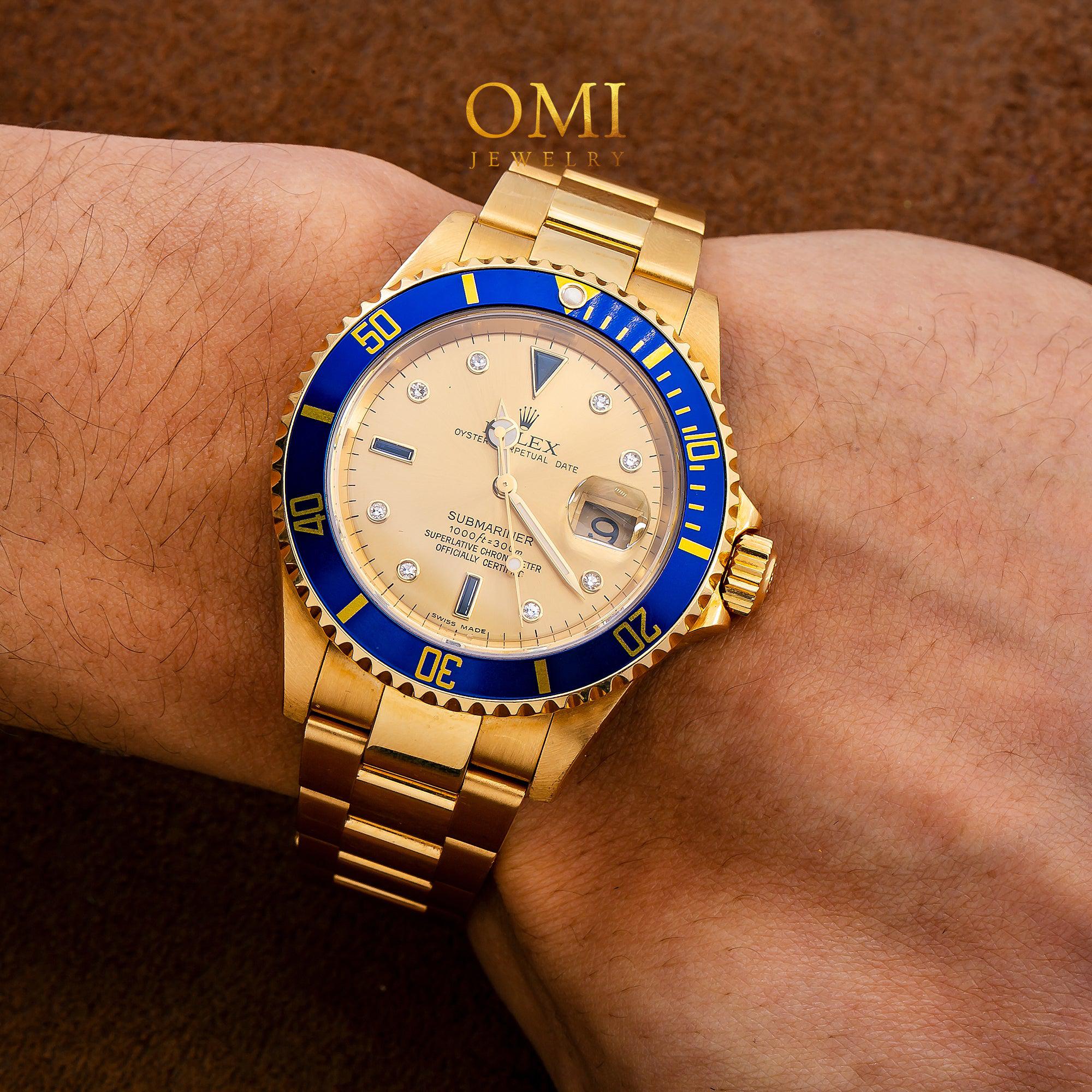 Rolex Submariner Date 40MM 16618 Champagne Diamond Dial Blue Ceramic Bezel 18K Yellow Gold Oyster Bracelet