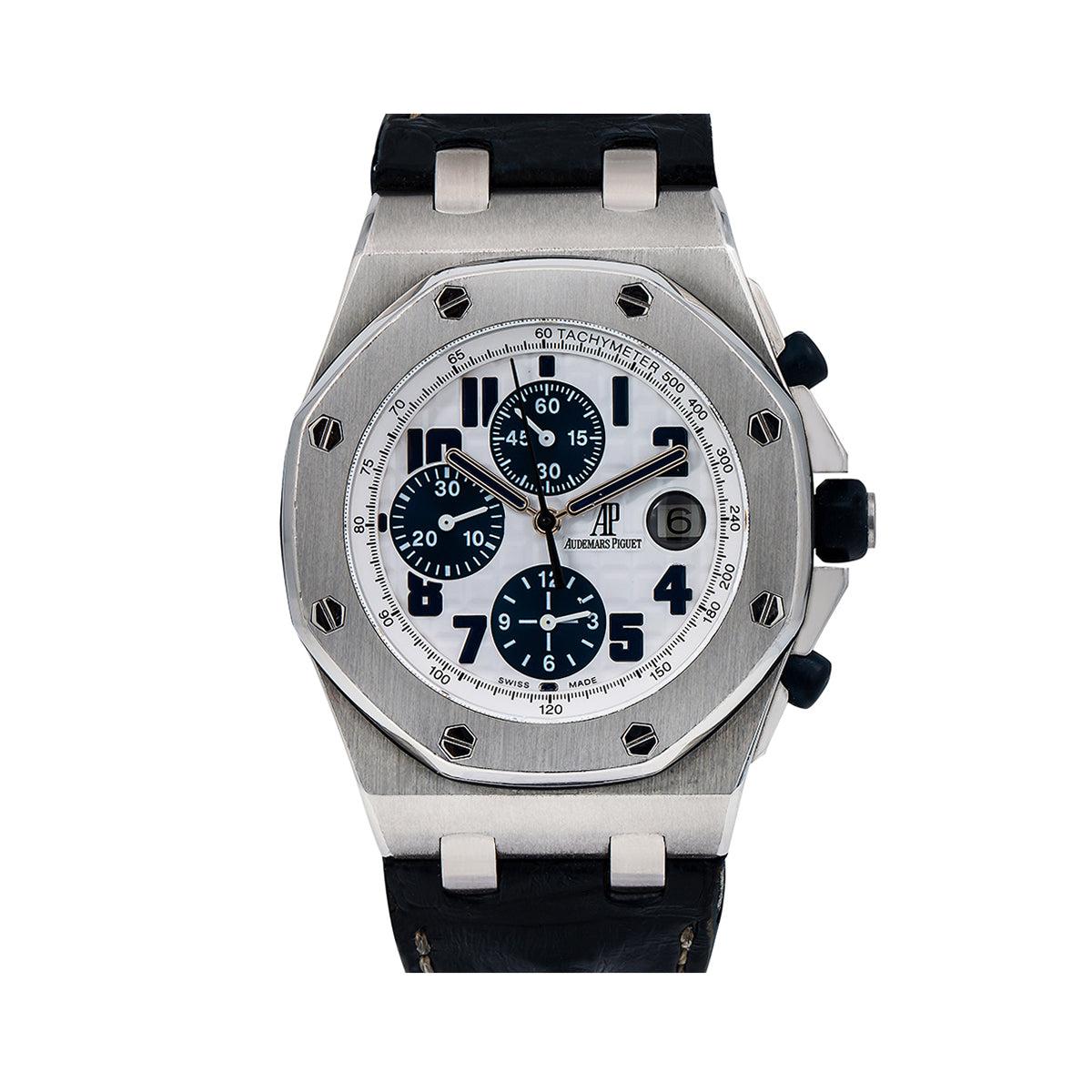 Audemars Piguet Royal Oak Offshore 42MM 26170ST White Arabic Dial Stainless Steel Bezel Black Alligator Leather Strap