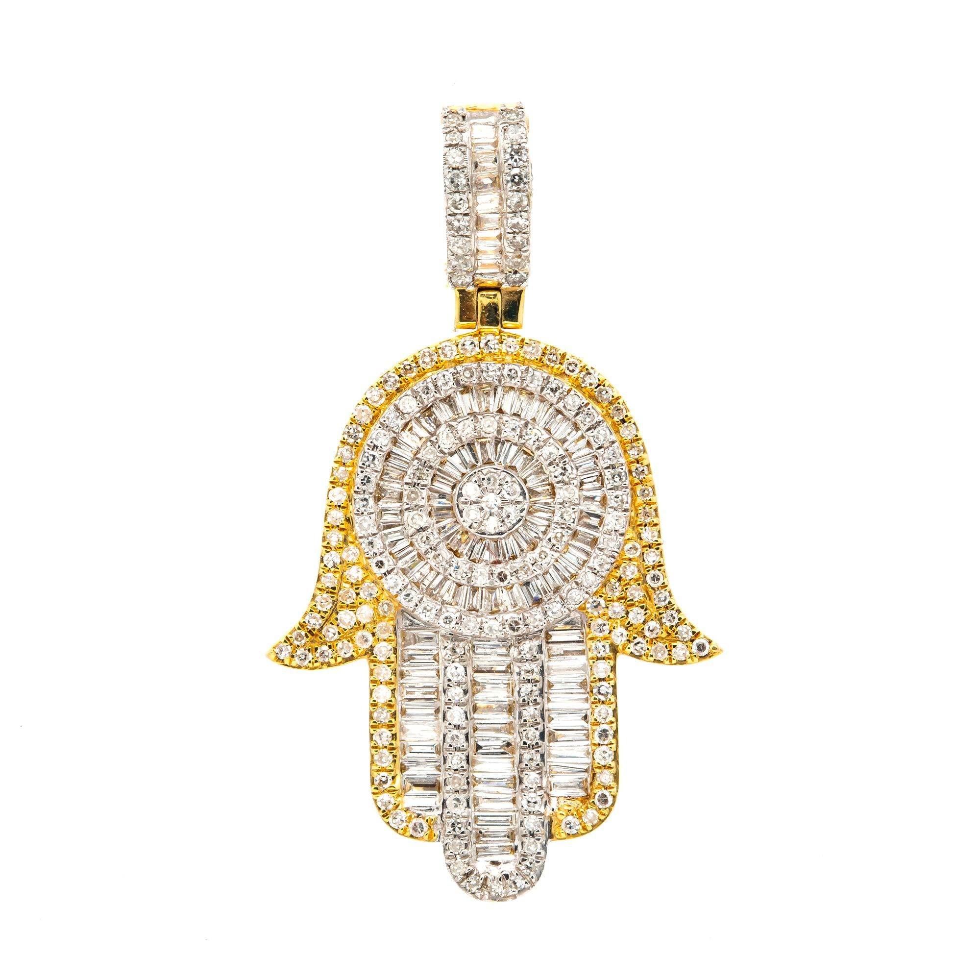 14K GOLD BAGUETTE DIAMOND HAMSA PENDANT 1.20 CT