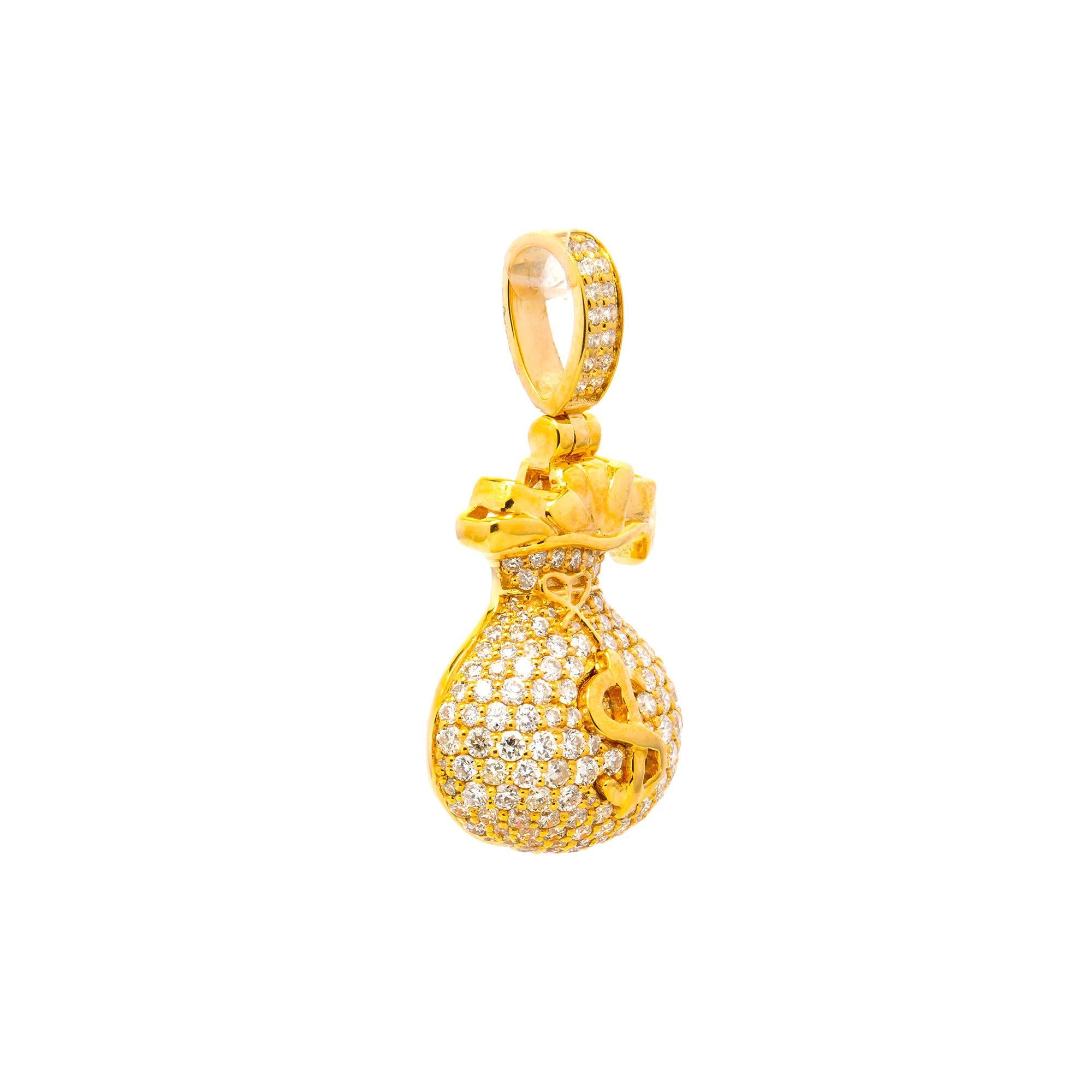 14K GOLD DIAMOND MONEY BAG DOLLAR SIGN PENDANT 0.90 CT