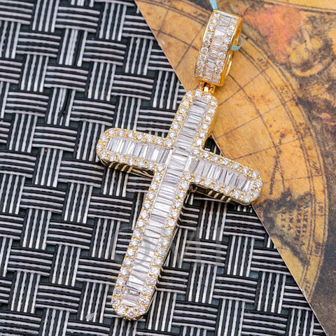 14K YELLOW GOLD CROSS  WITH 4.75 CT  BAGUETTE DIAMONDS