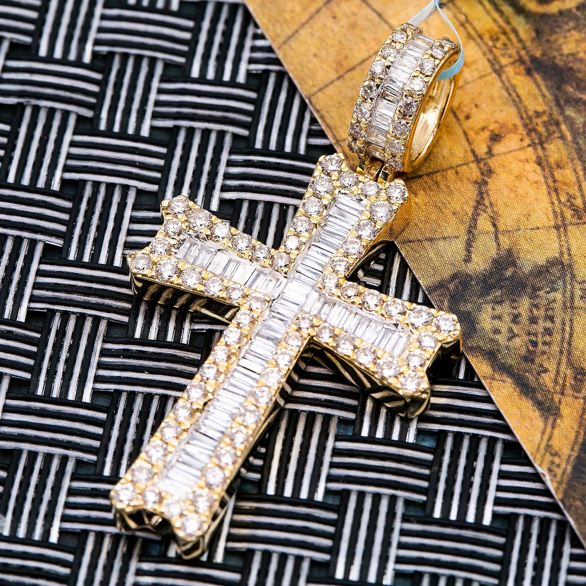 14K YELLOW GOLD CROSS  WITH 3.25 CT  BAGUETTE & ROUND DIAMONDS