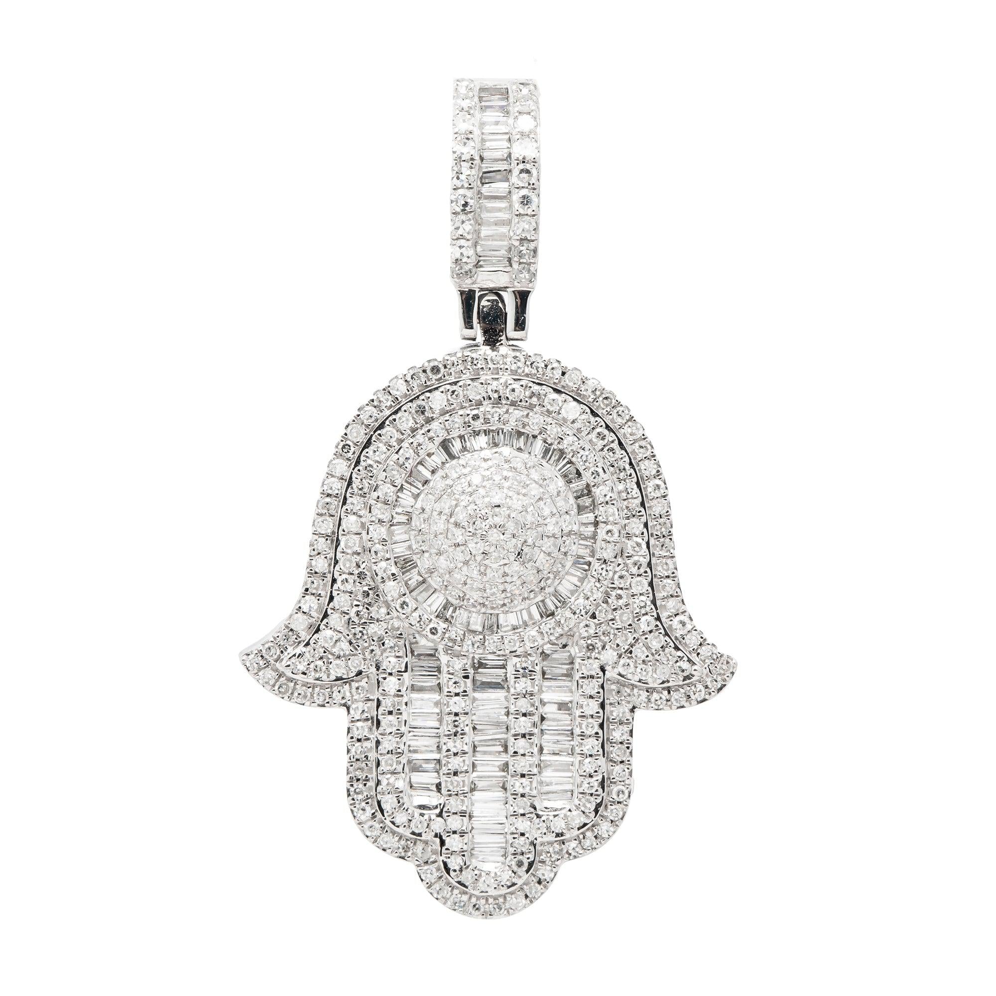 14K GOLD BAGUETTE DIAMOND HAMSA PENDANT WITH DOME MIDDLE 1.45 CT