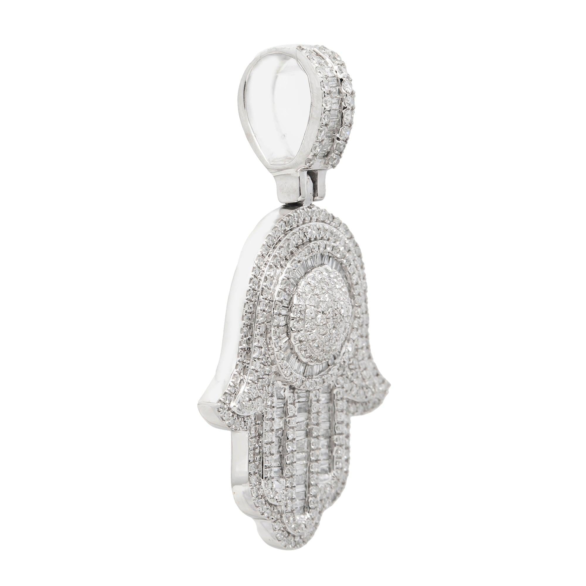 14K GOLD BAGUETTE DIAMOND HAMSA PENDANT WITH DOME MIDDLE 1.45 CT