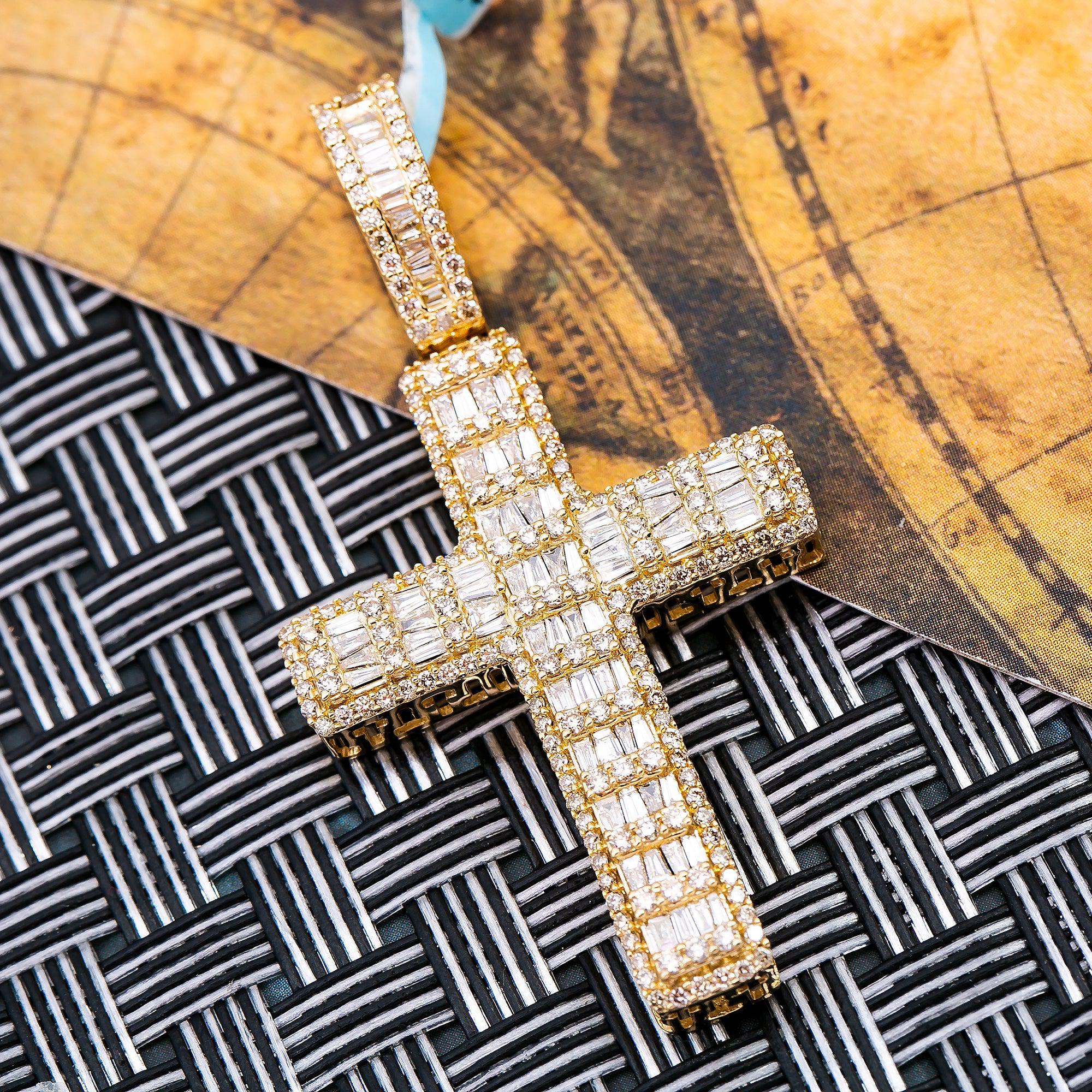 14K YELLOW GOLD CROSS  WITH 8.80 CT  BAGUETTE AND ROUND DIAMONDS