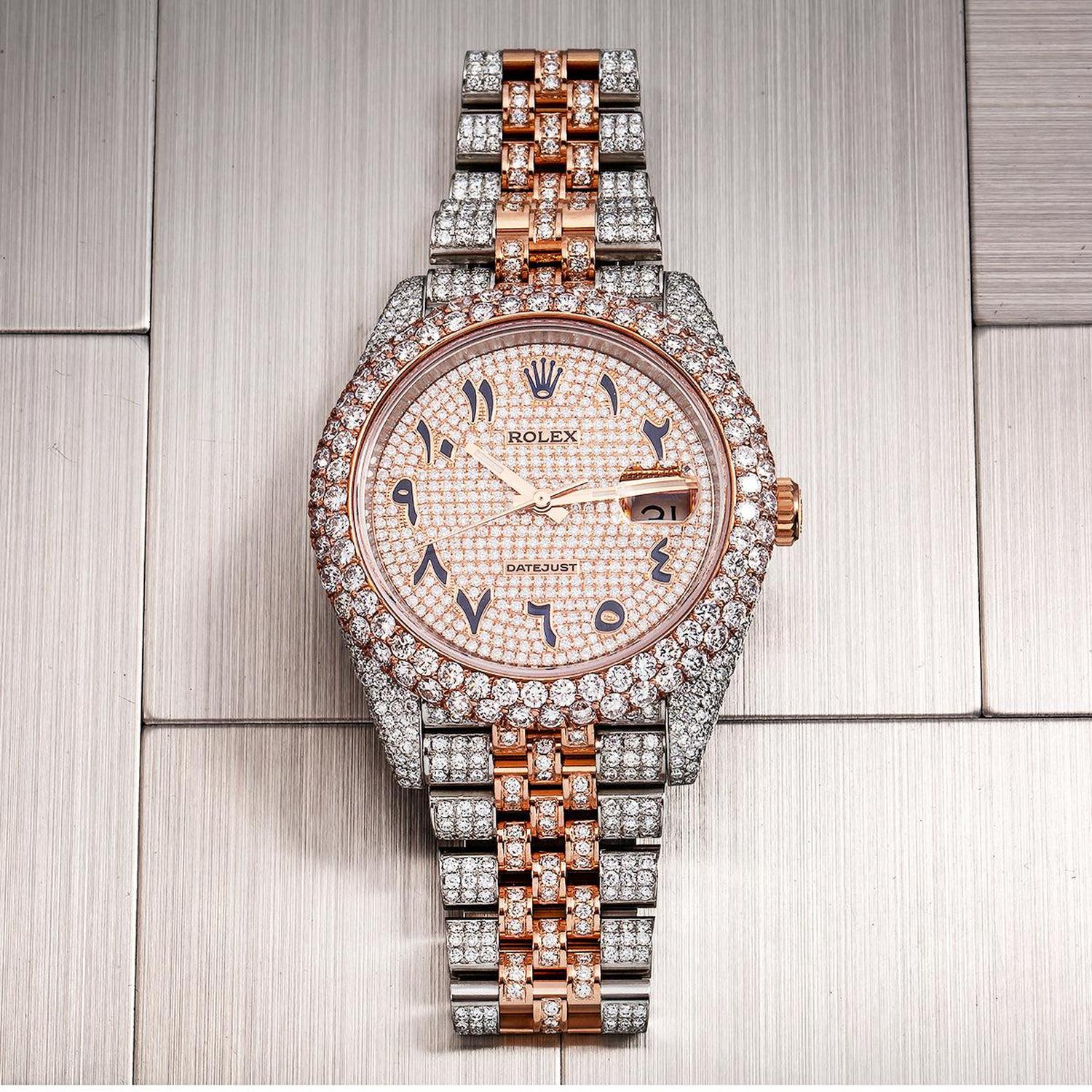 Rolex Datejust 41MM 126331 Diamond Paved Eastern Arabic Dial Diamond Bezel Two Tone Rose Gold Full Diamond Jubilee Bracelet 17.75ct