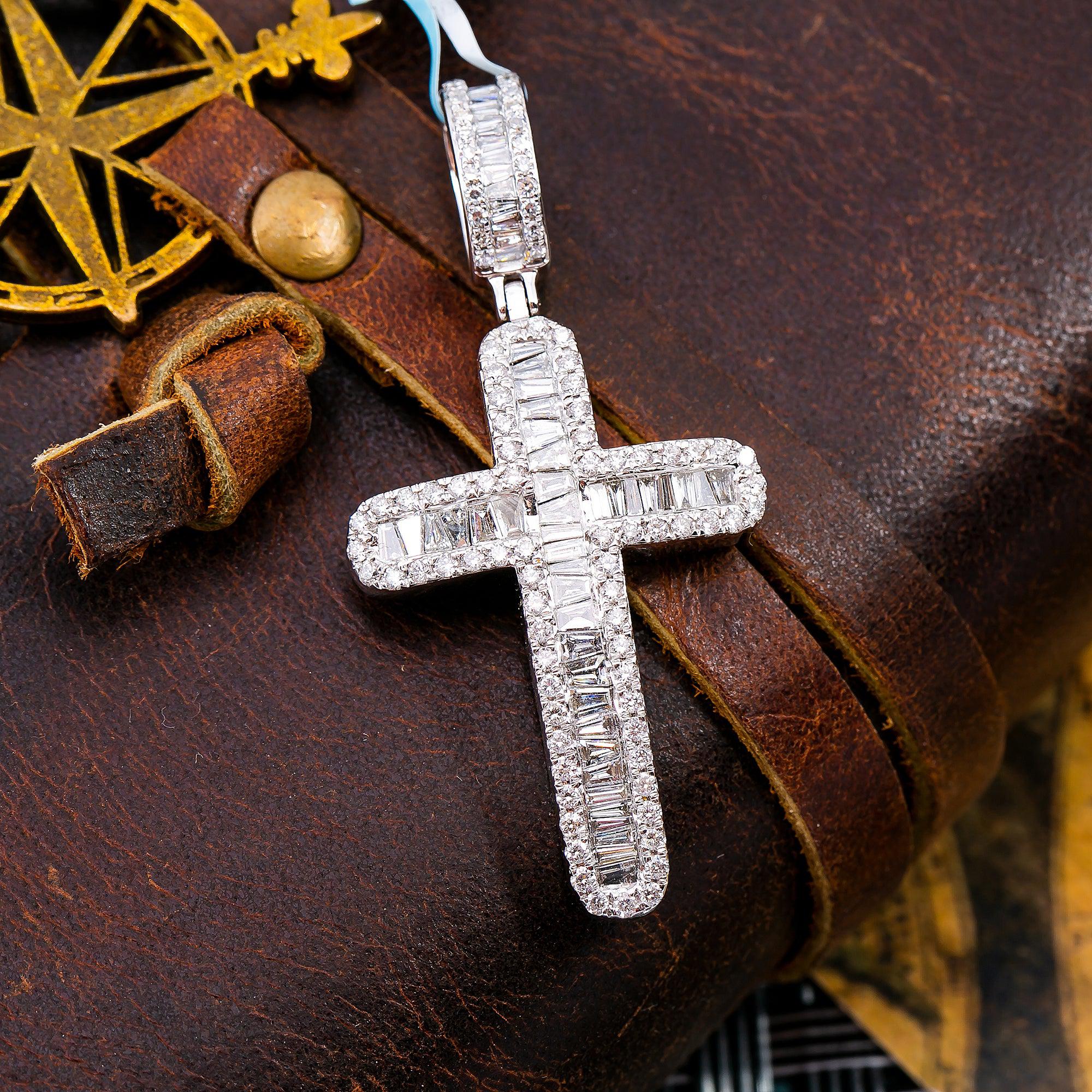 14K WHITE GOLD CROSS  WITH 2.60 CT  BAGUETTE AND ROUND DIAMONDS