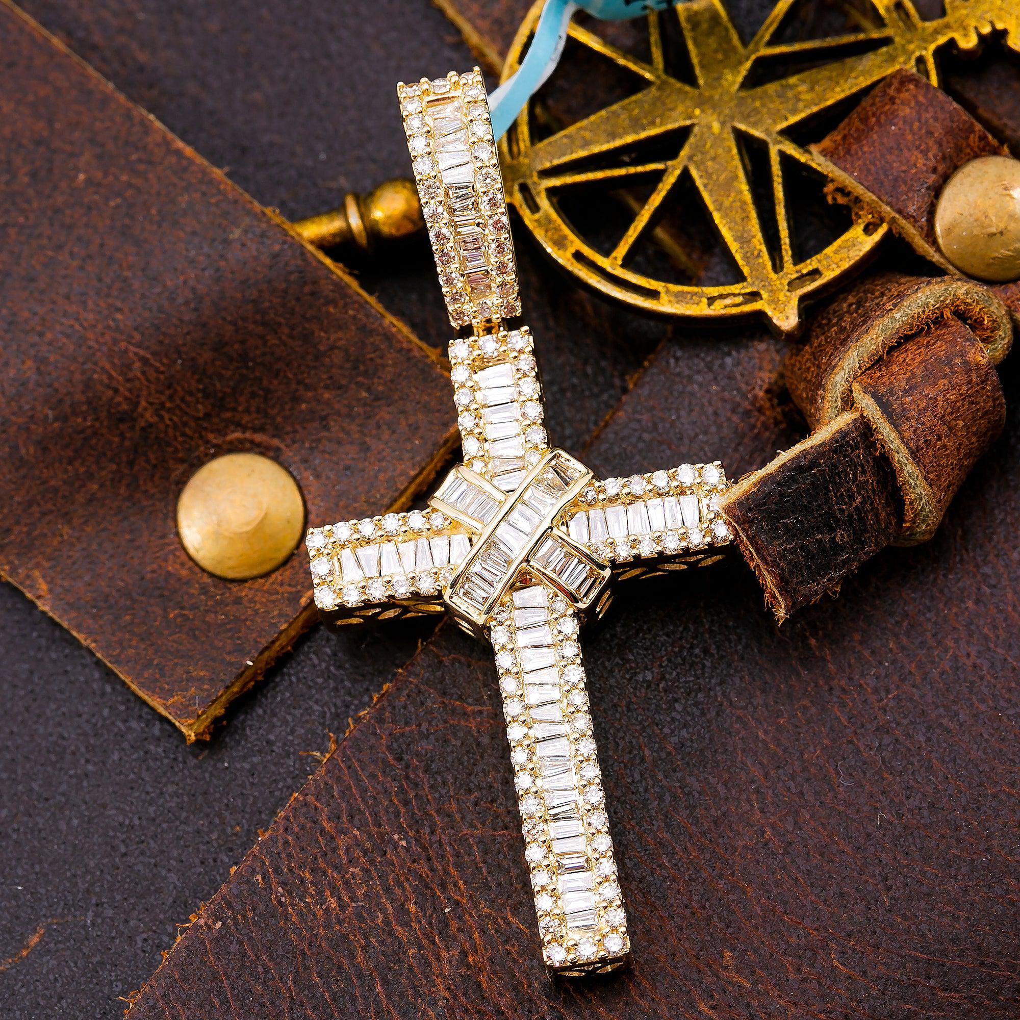 14K YELLOW GOLD CROSS  WITH 1.60 CT  BAGUETTE DIAMONDS