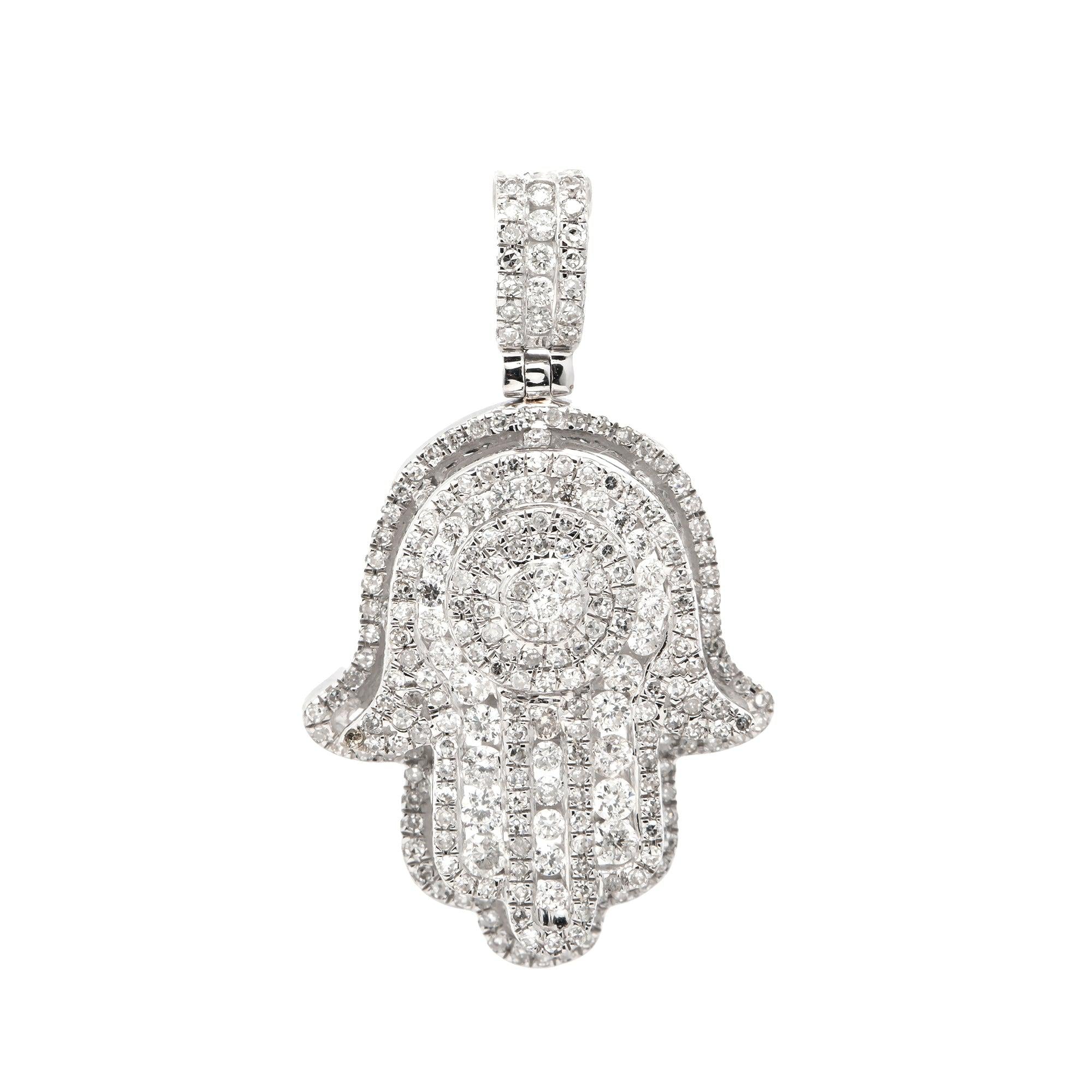 14K GOLD ROUND CLUSTER DIAMOND HAMSA PENDANT WITH 2 ROW MIDDLE BORDER 1.20 CT