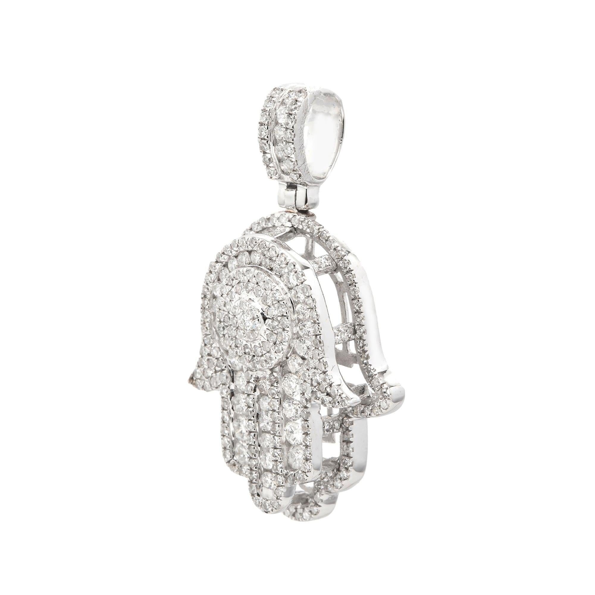 14K GOLD ROUND CLUSTER DIAMOND HAMSA PENDANT WITH 2 ROW MIDDLE BORDER 1.20 CT