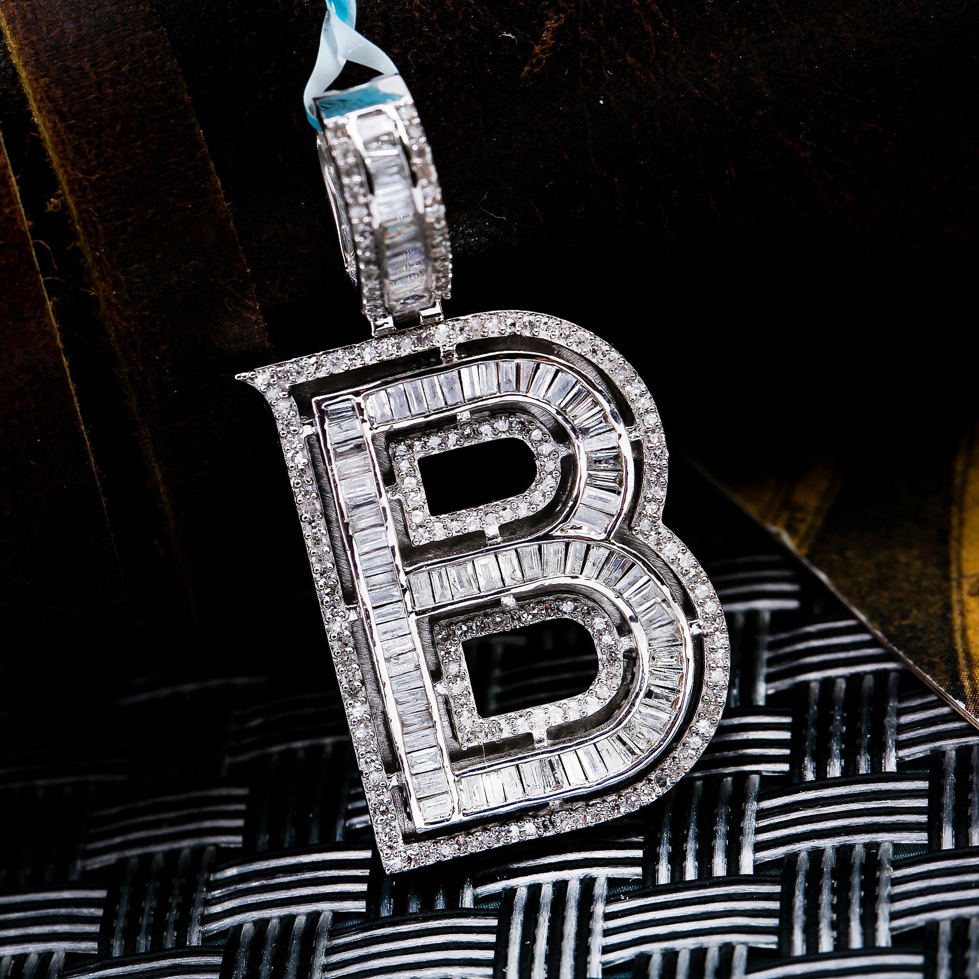 14K WHITE GOLD LETTER B  WITH 1.34 CT  BAGUETTE DIAMONDS