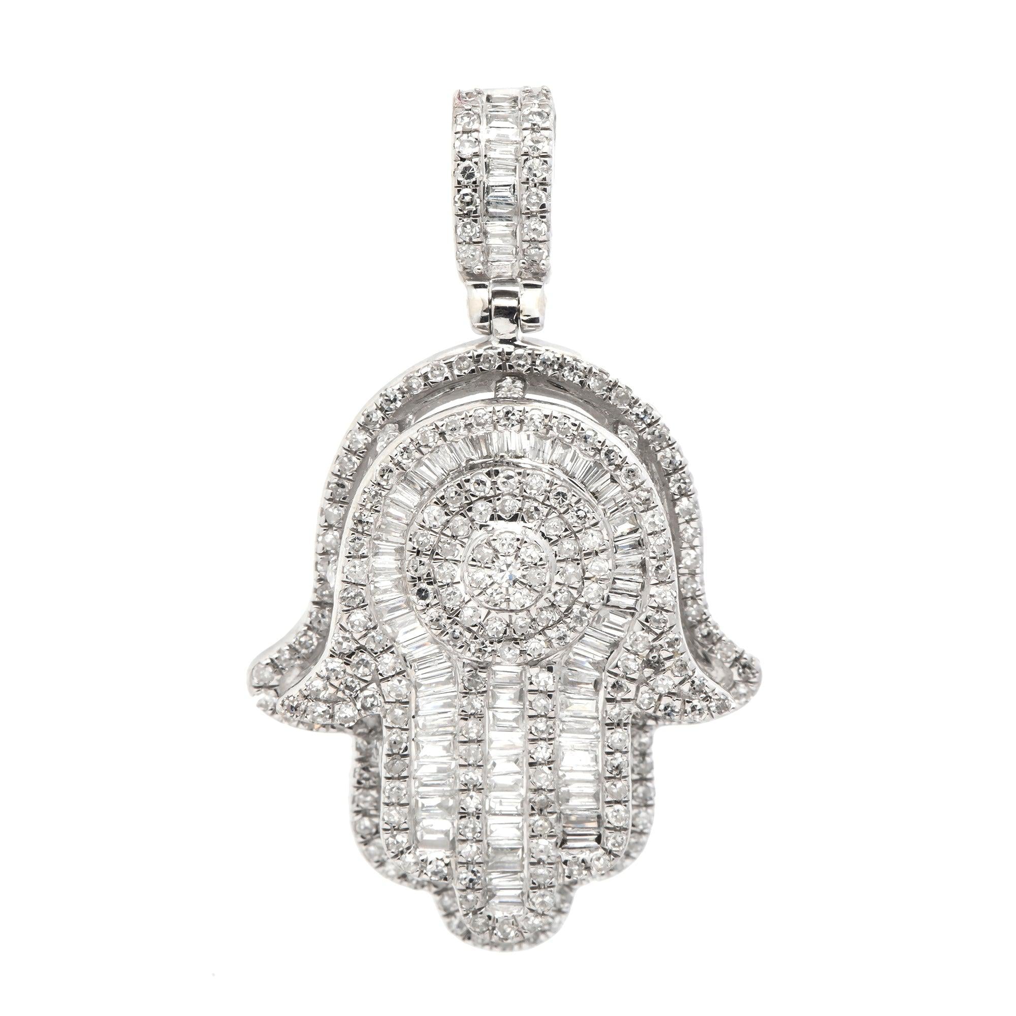 14K GOLD ROUND CLUSTER HAMSA PENDANT 1 CT BAGUETTE DIAMOND FINGERS