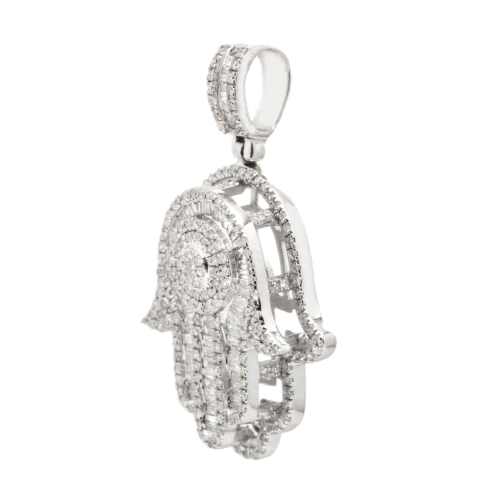 14K GOLD ROUND CLUSTER HAMSA PENDANT 1 CT BAGUETTE DIAMOND FINGERS