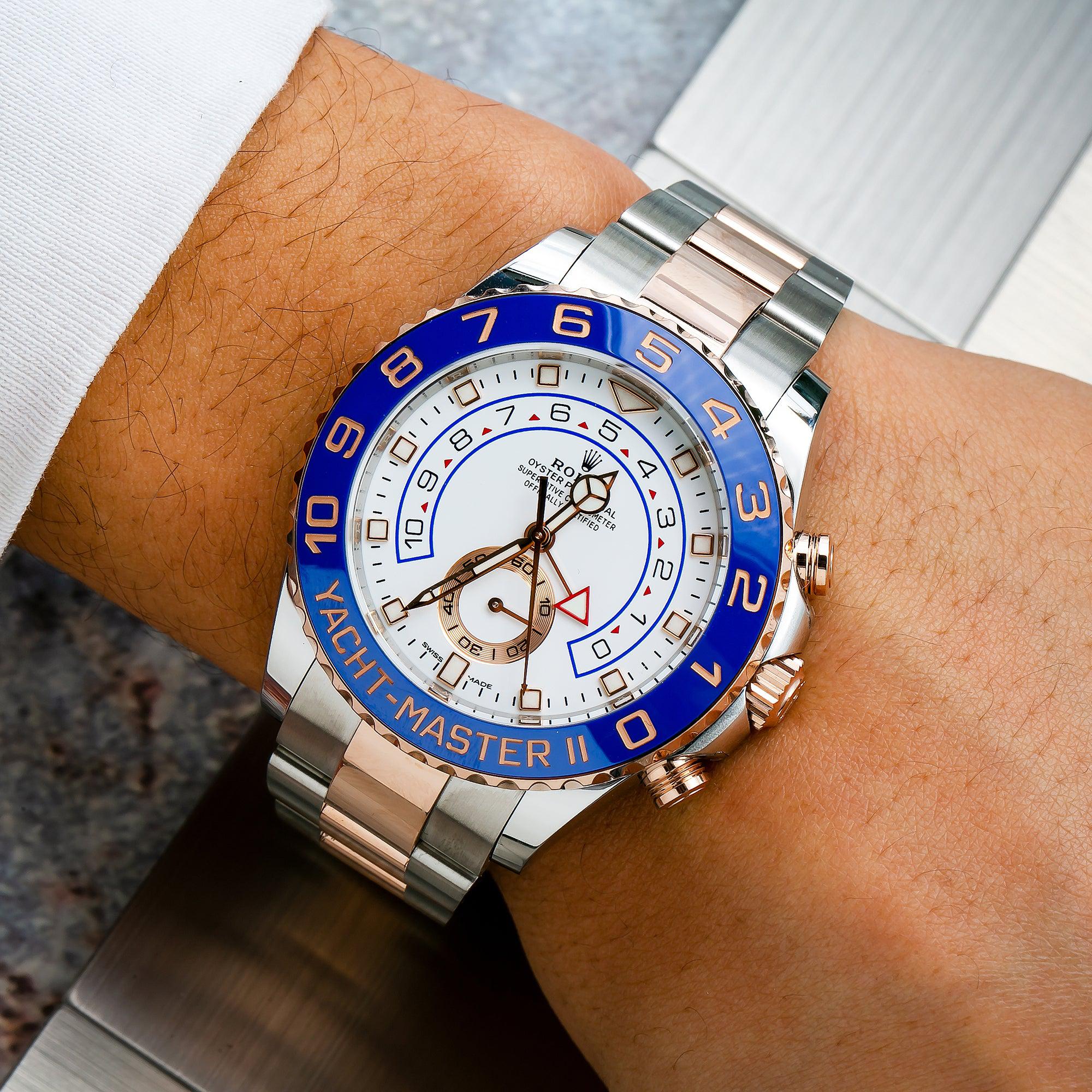 Rolex Yacht-Master II 44MM 116681 White Dial Blue Bezel Two Tone 18K Rose Gold Oyster Bracelet