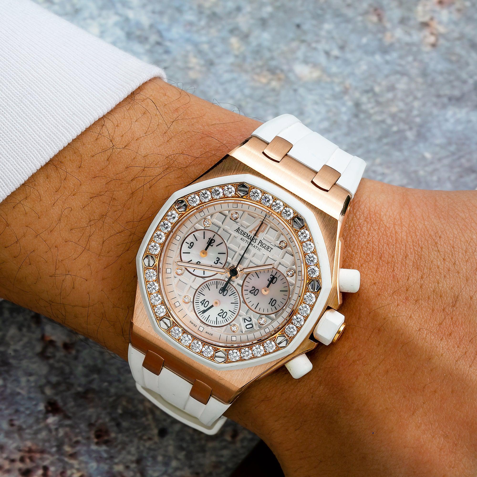 Audemars Piguet Royal Oak Offshore Chronograph 37MM 26048OK.ZZ.D010CA.01 Silver Diamond Dial Diamond Bezel White Rubber Band