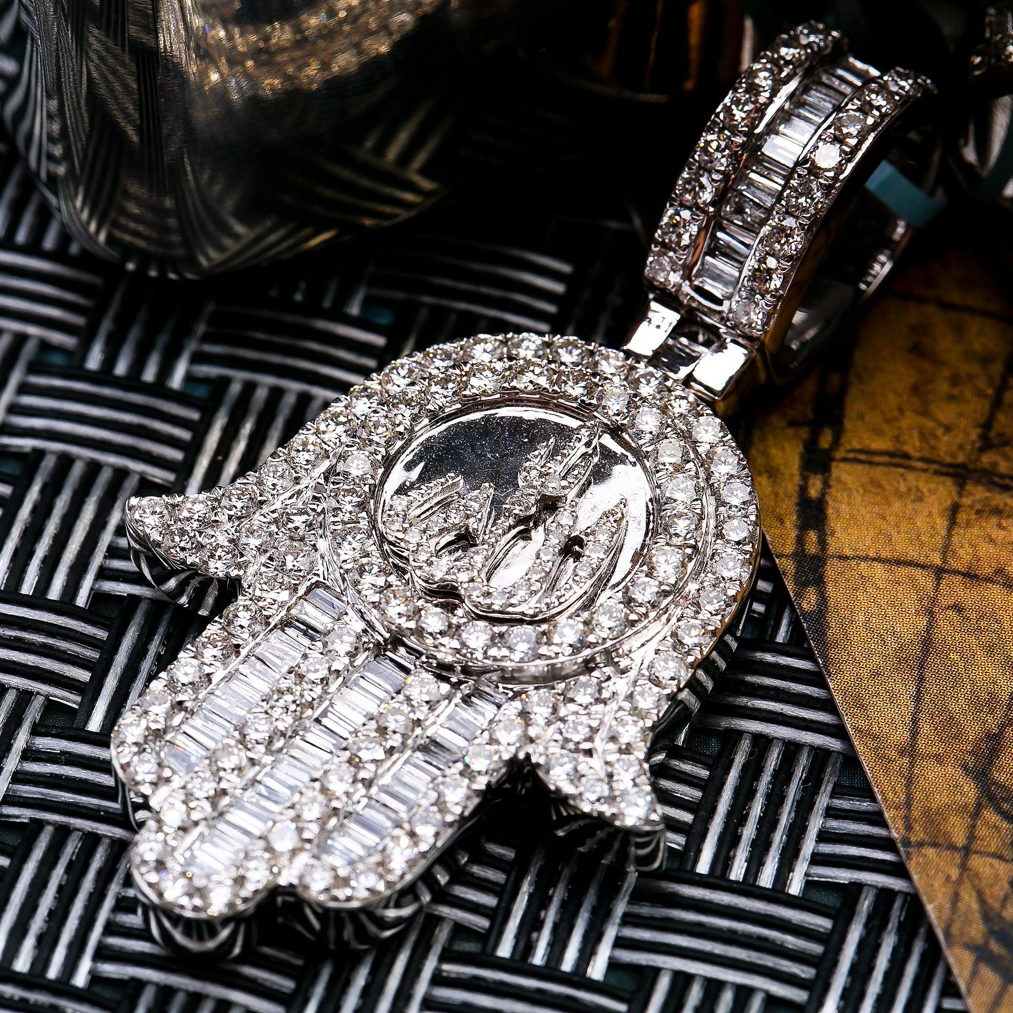 14K WHITE GOLD HAMSA WITH 3.75 CT BAGUETTE DIAMONDS