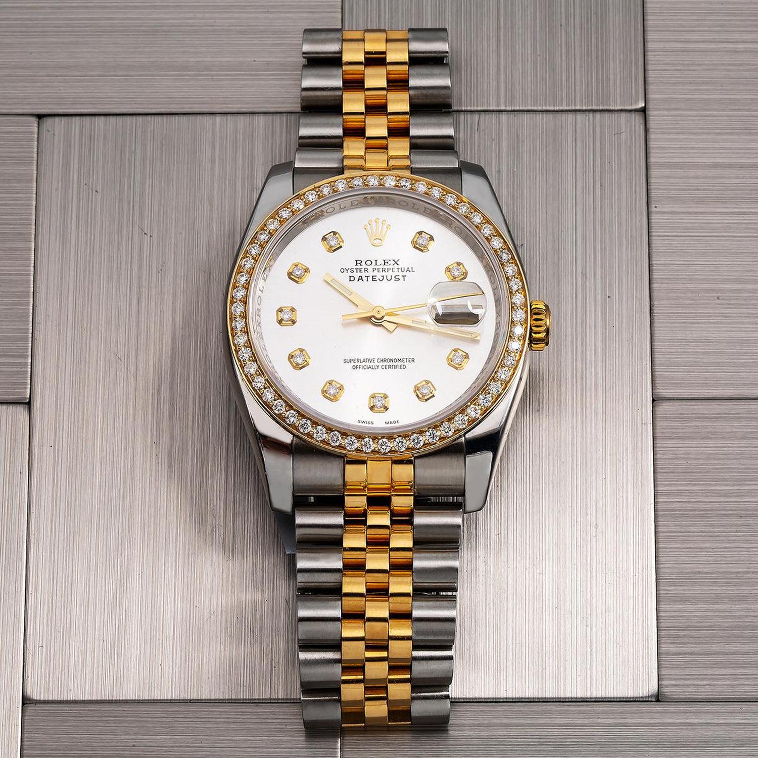 Rolex Datejust 36MM 116233 White Mother of Pearl Diamond Dial Diamond Bezel Two Tone Yellow Gold Jubilee Bracelet 1.4ct
