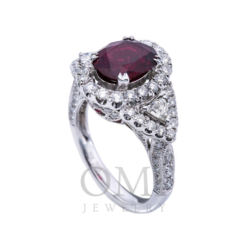 18K White Gold  Round Shaped Diamond Ring With Ruby
