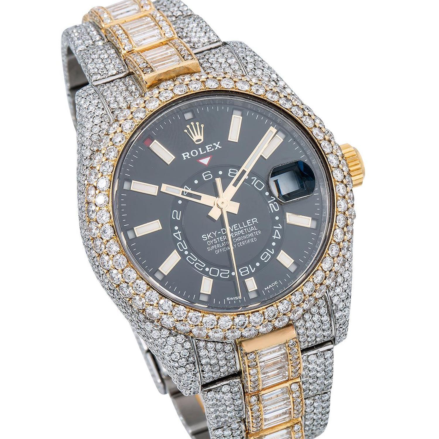 Rolex Sky-Dweller 42MM 326933 Black Dial Diamond Bezel Two Tone Yellow Gold Full Diamond Oyster Bracelet 31.5ct