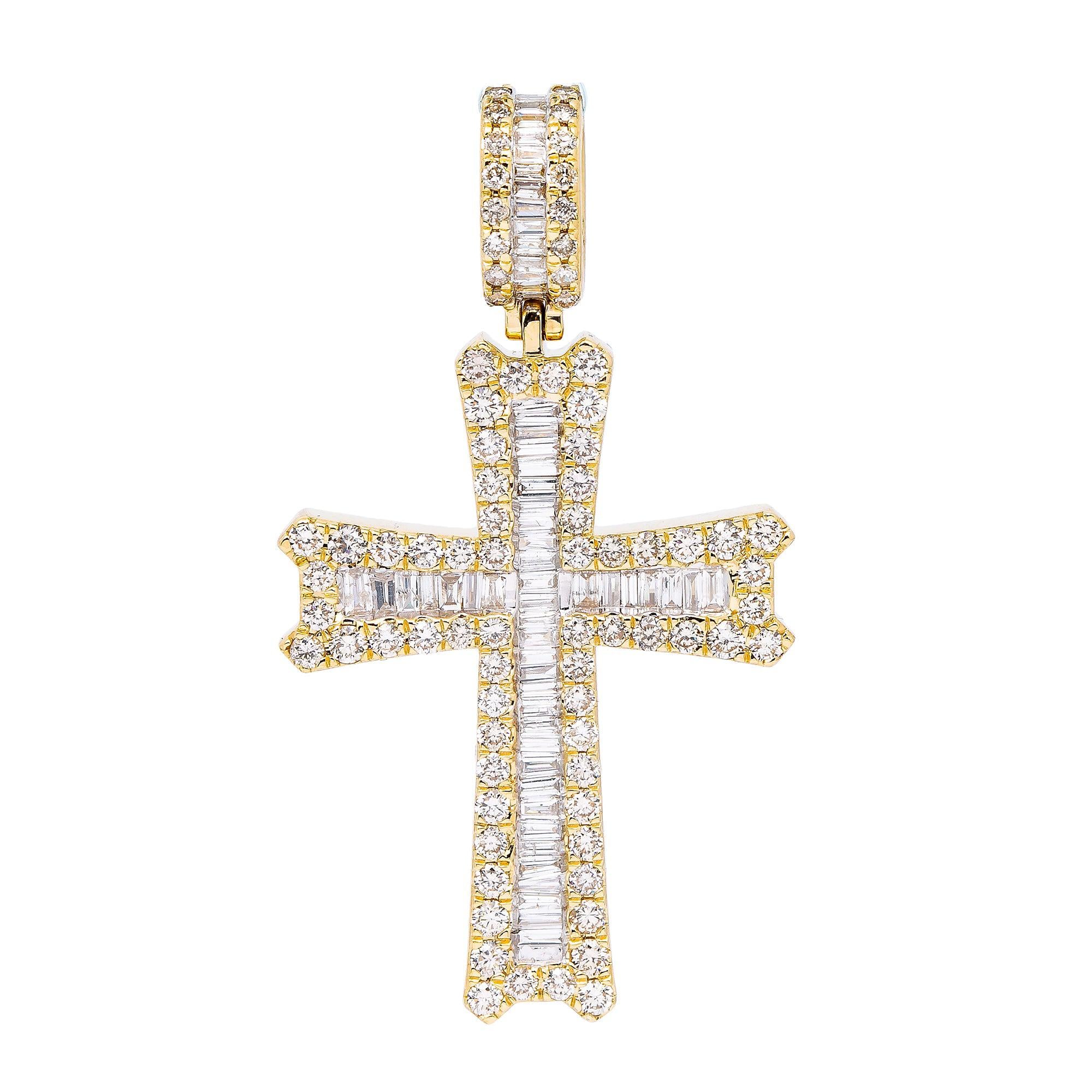 14K YELLOW GOLD CROSS  WITH 3.25 CT  BAGUETTE & ROUND DIAMONDS