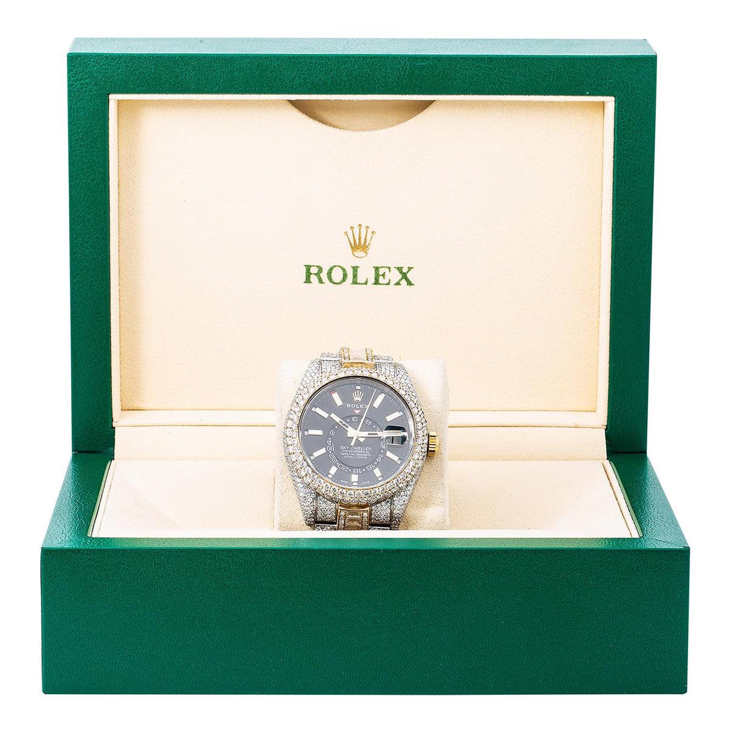 Rolex Sky-Dweller 42MM 326933 Black Dial Diamond Bezel Two Tone Yellow Gold Full Diamond Oyster Bracelet 31.5ct