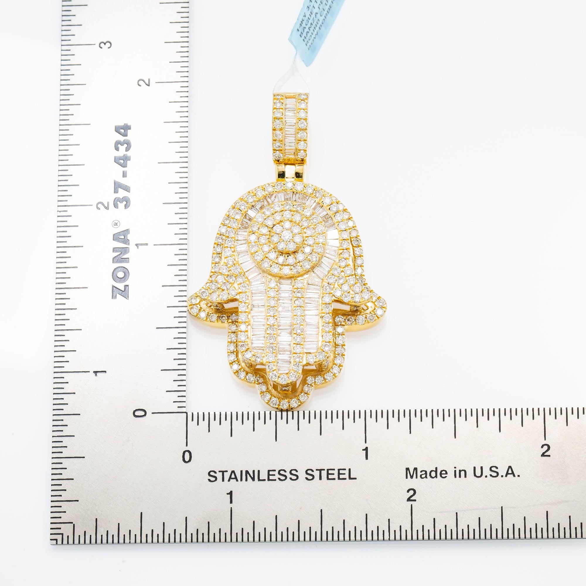 14K GOLD BAGUETTE DIAMOND 3D HAMSA PENDANT ROUND CLUSTER WITH 2 ROW BORDER 3.15 CT