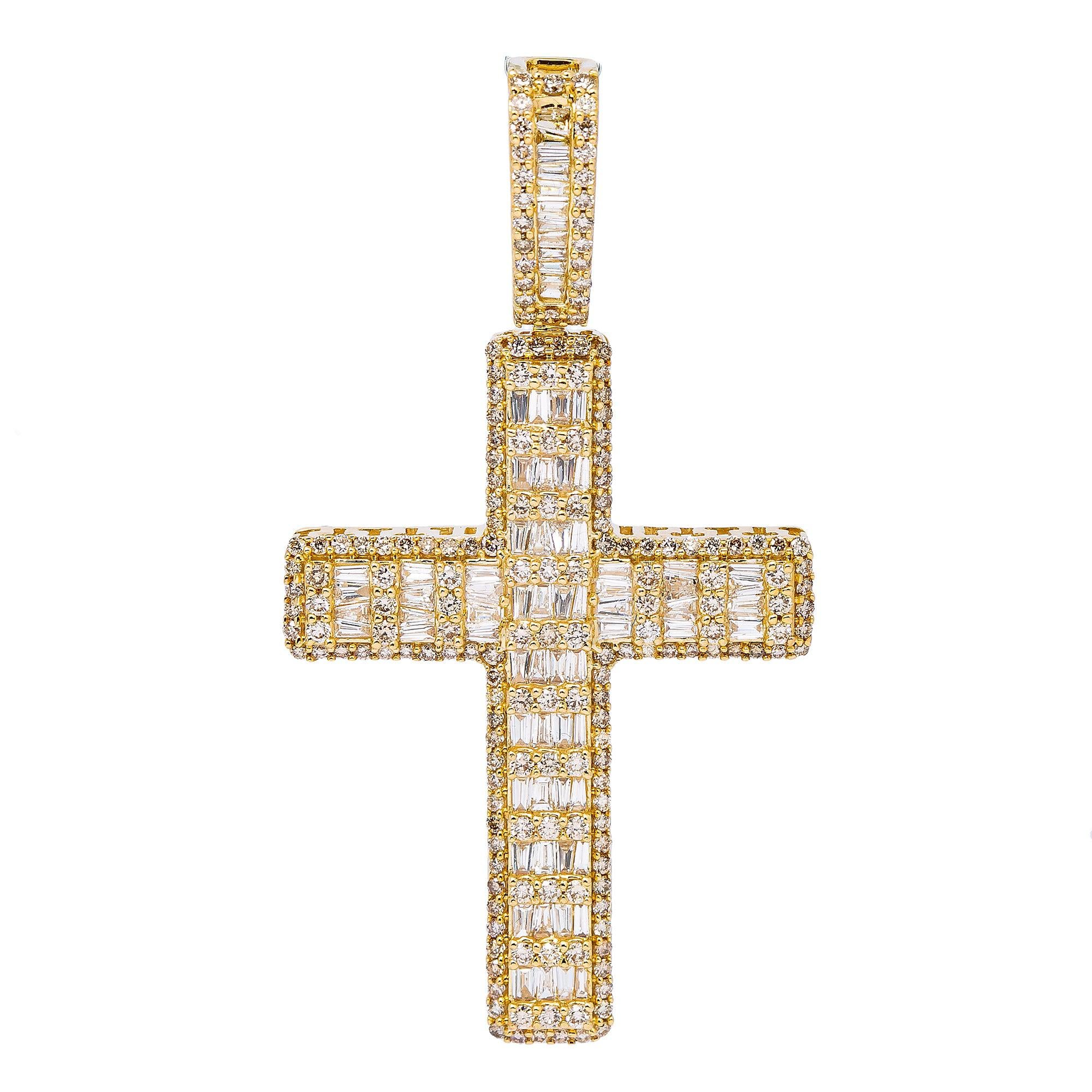 14K YELLOW GOLD CROSS  WITH 8.80 CT  BAGUETTE AND ROUND DIAMONDS