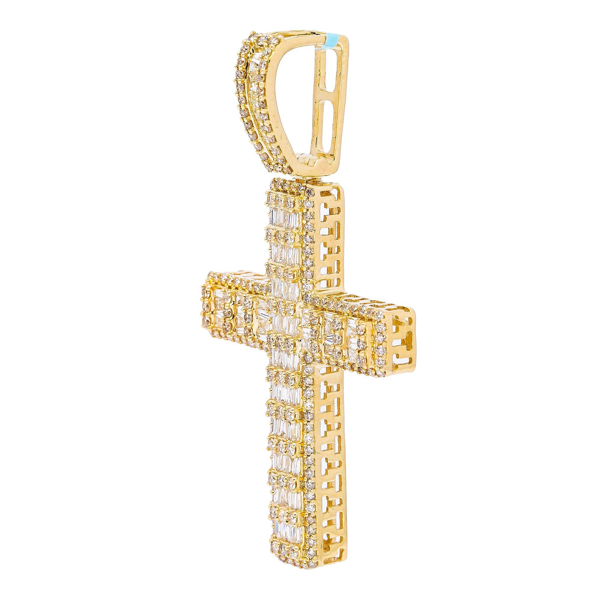 14K YELLOW GOLD CROSS  WITH 8.80 CT  BAGUETTE AND ROUND DIAMONDS