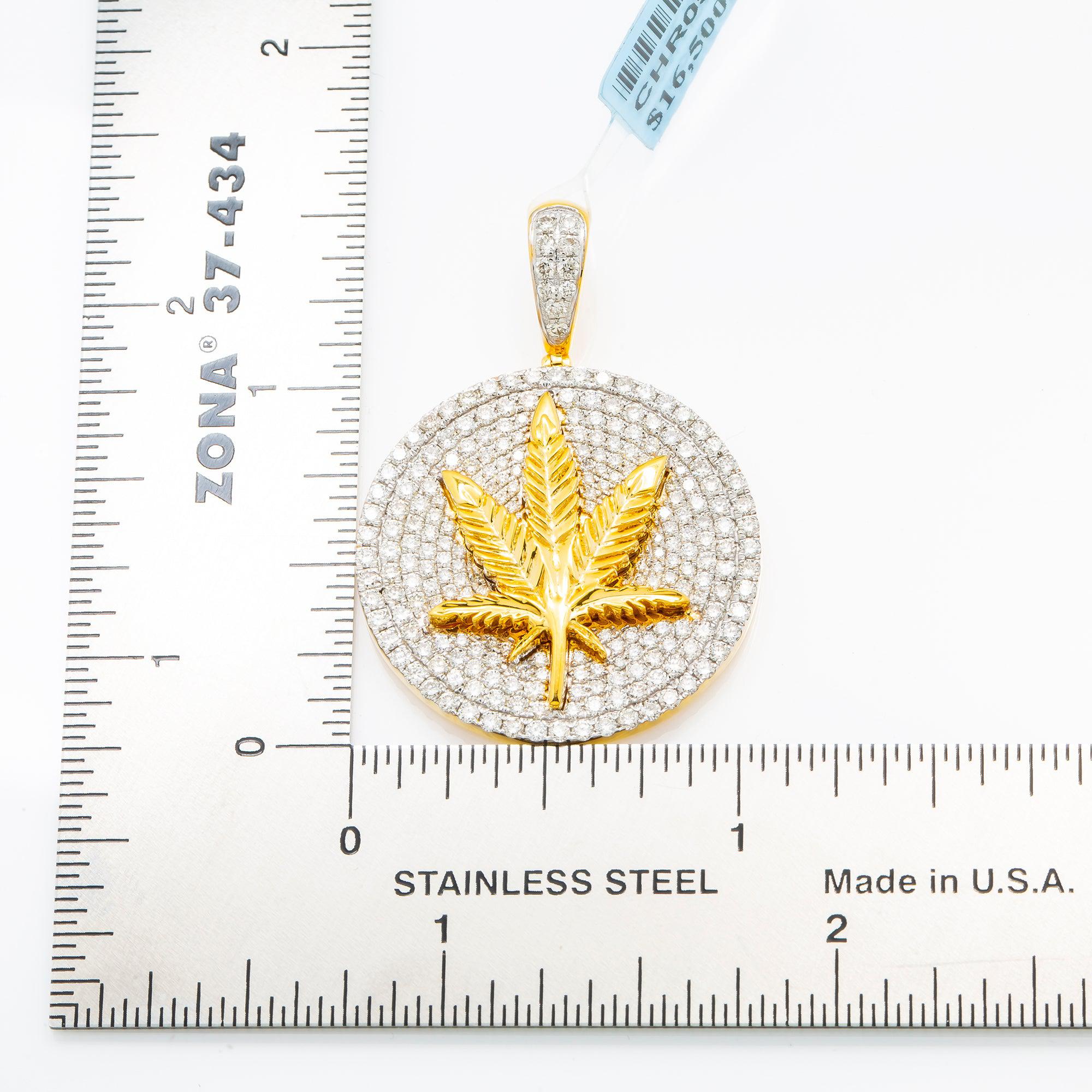 10K GOLD DIAMOND CANNABIS LEAF MEDALLION PENDANT 2.15 CT