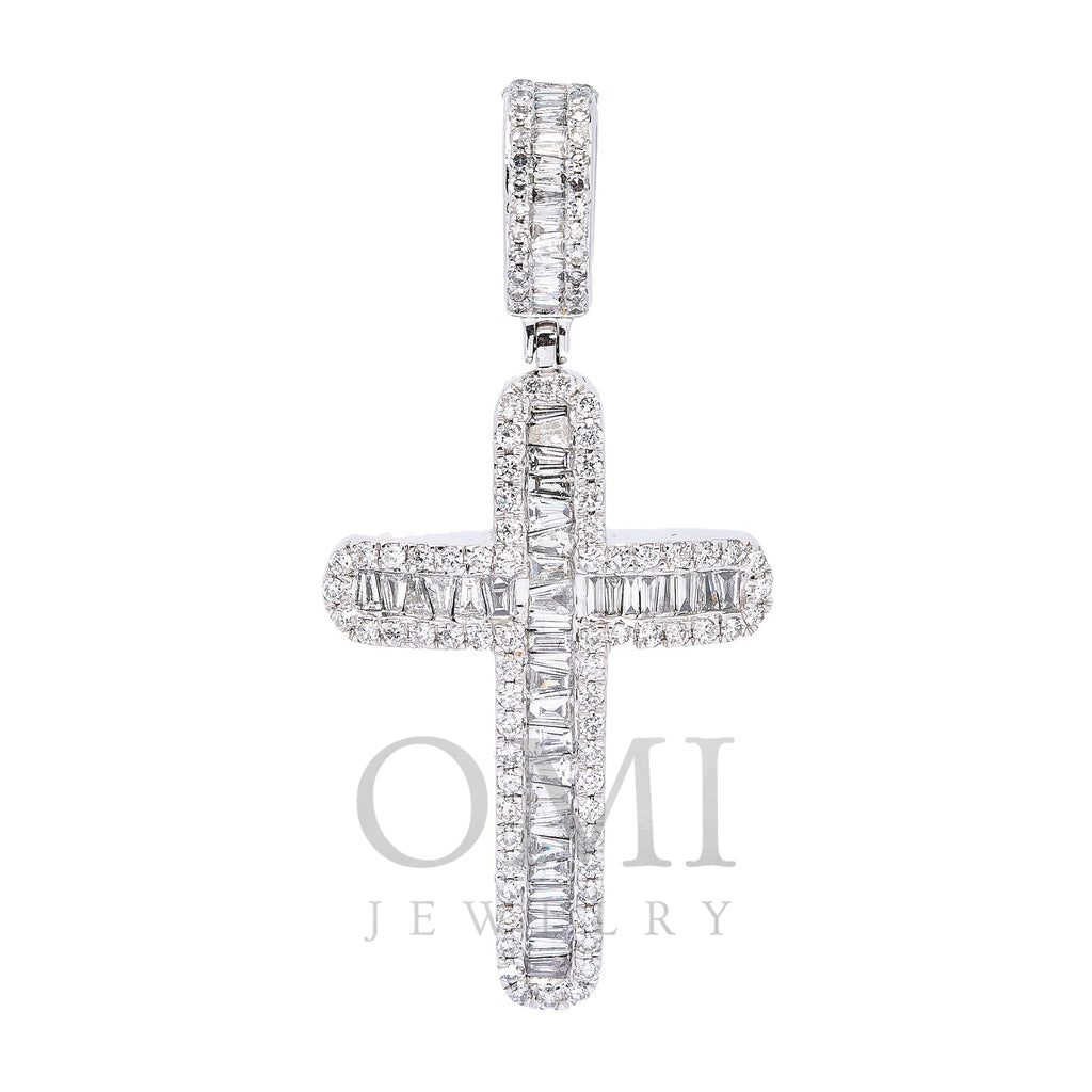 14K WHITE GOLD CROSS  WITH 2.60 CT  BAGUETTE AND ROUND DIAMONDS
