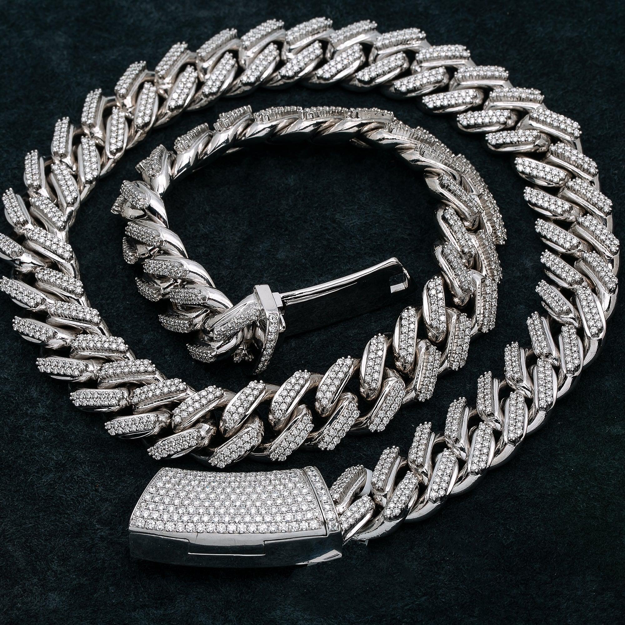 14K White Gold 24"/19MM Men's Cuban Link Chain  With 30.93 CT Diamonds