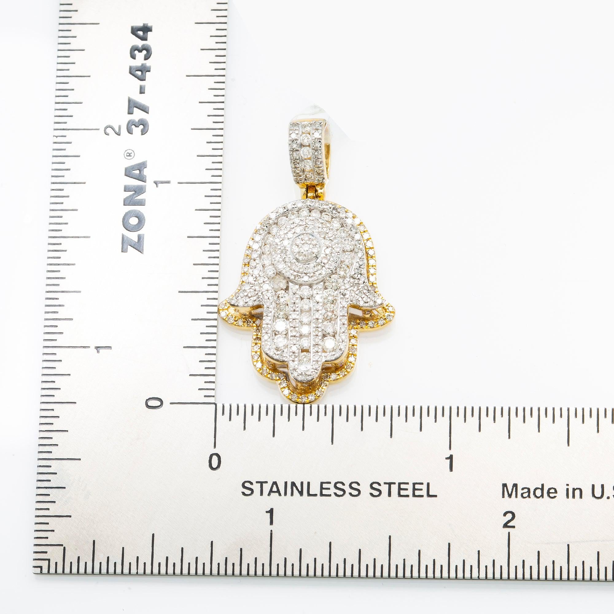 14K GOLD BAGUETTE DIAMOND HAMSA PENDANT WITH DOME MIDDLE 1.45 CT