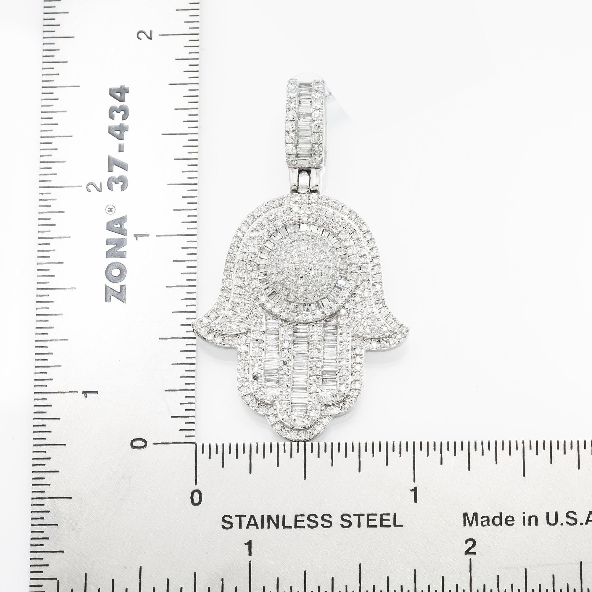 14K GOLD BAGUETTE DIAMOND HAMSA PENDANT WITH DOME MIDDLE 1.45 CT