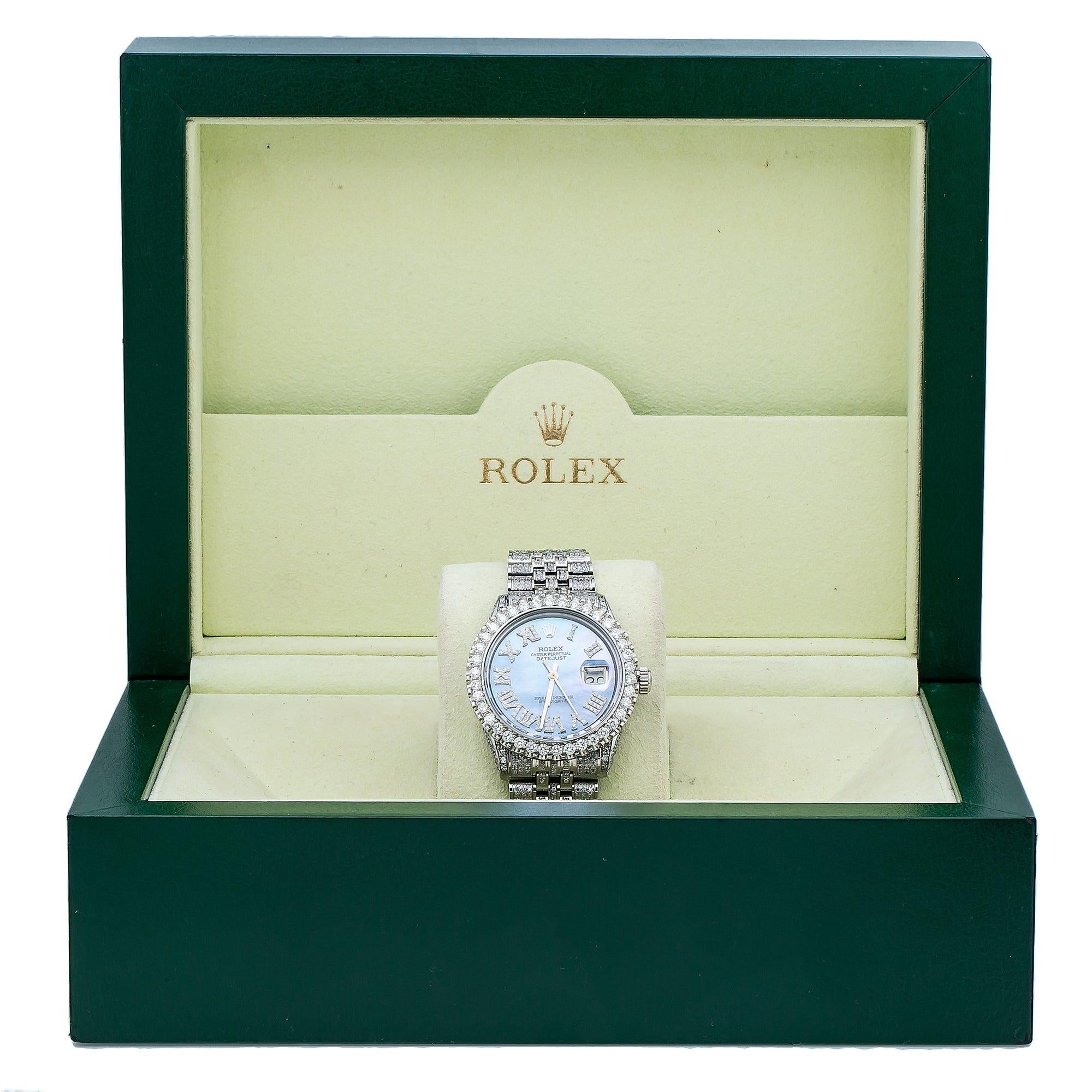 Rolex Datejust 36MM 1601 Blue Mother of Pearl Roman Diamond Dial Diamond Bezel Stainless Steel Full Diamond Jubilee Bracelet 9.25ct