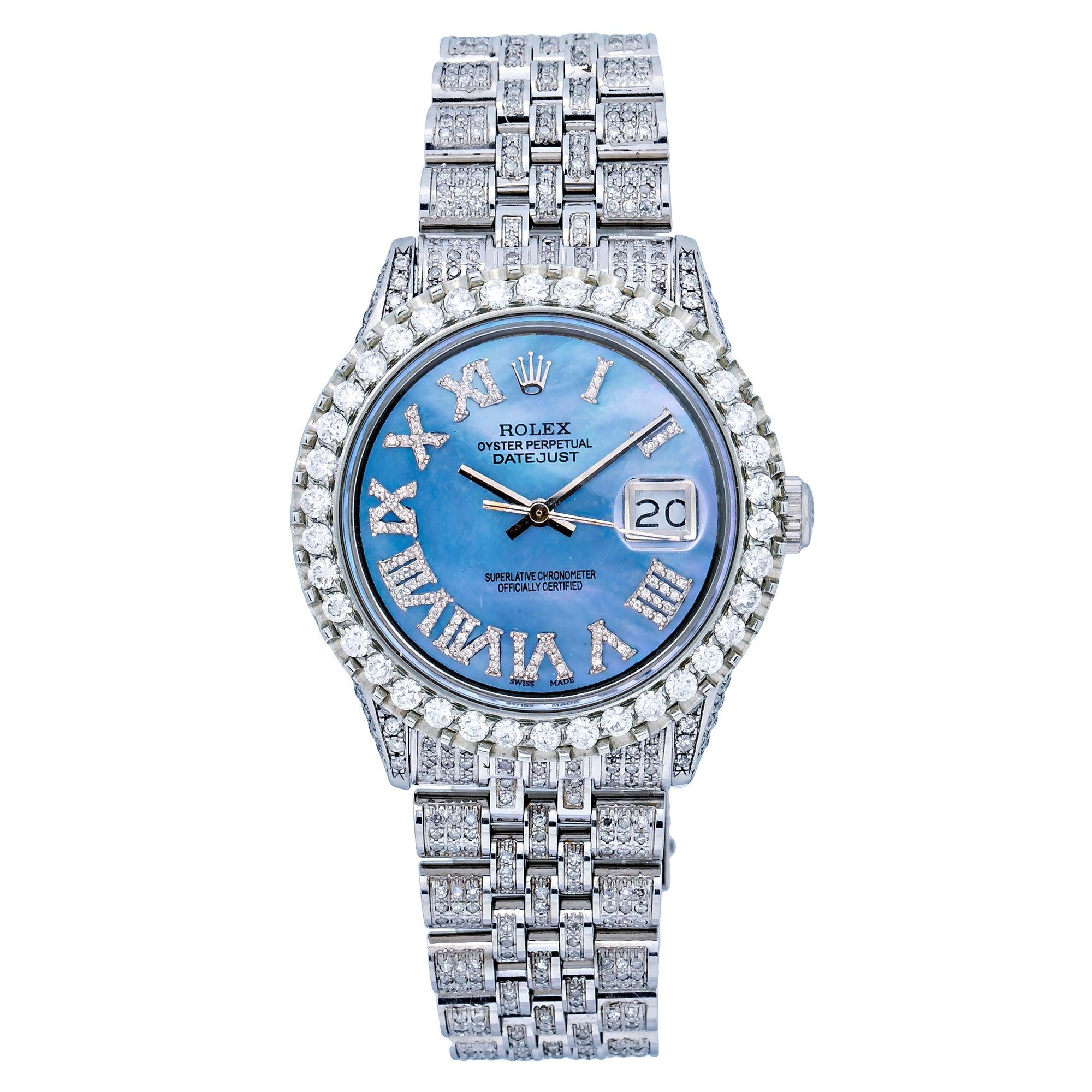 Rolex Datejust 36MM 1601 Blue Mother of Pearl Roman Dial Diamond Bezel Full Diamond Oyster Bracelet 9.25ct