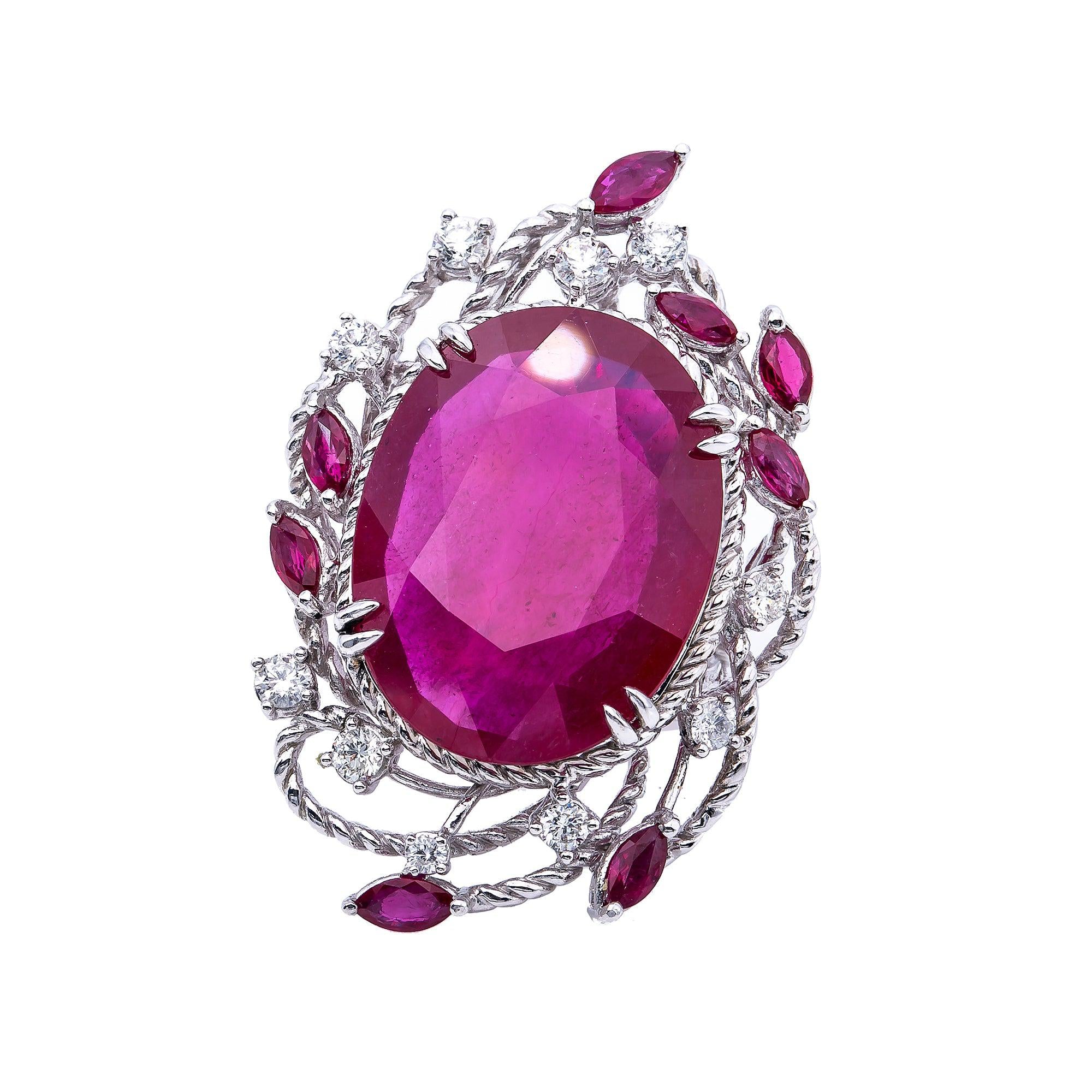 18K White Gold Round Shaped Ruby Diamond And Gemstone Ring