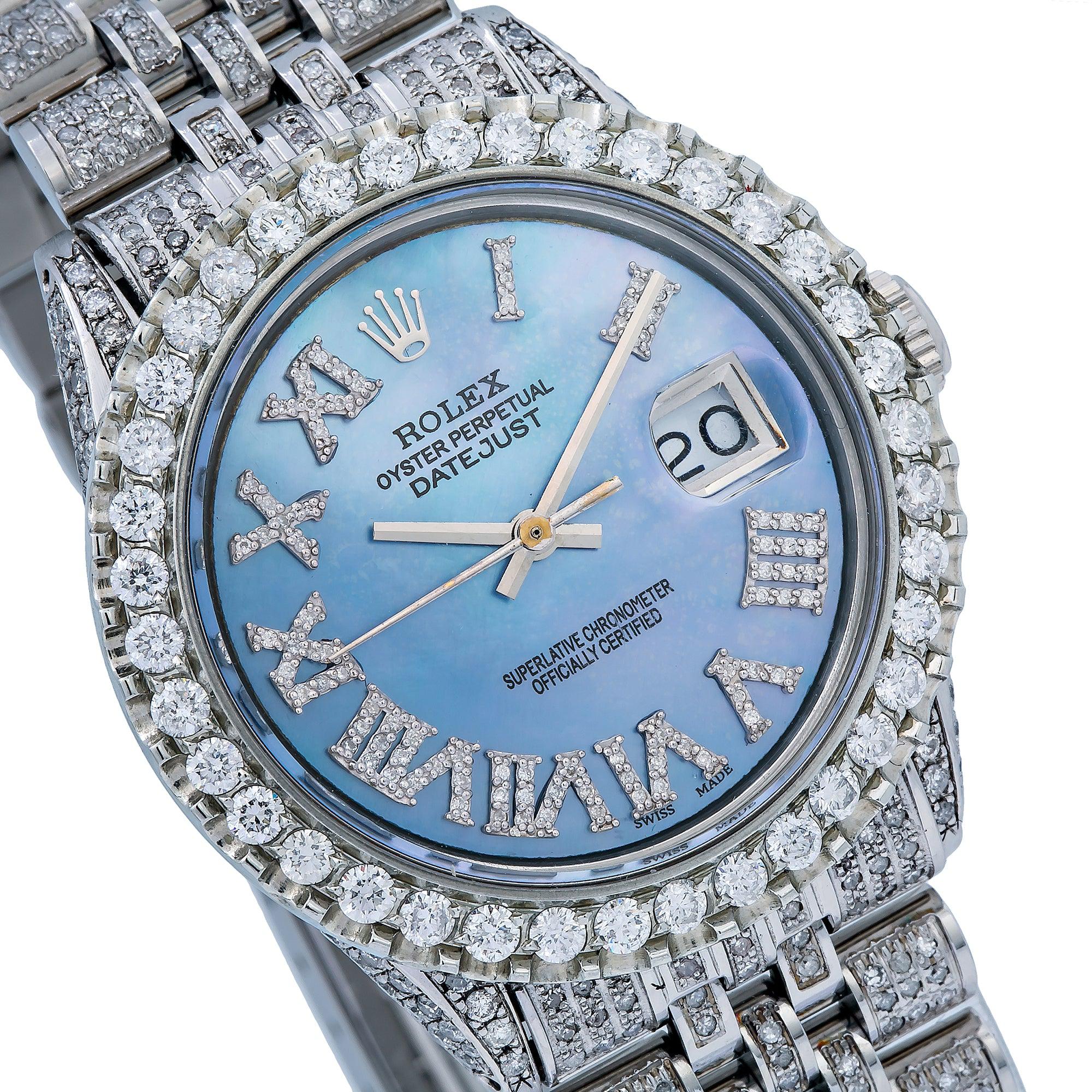Rolex Datejust 36MM 1601 Blue Mother of Pearl Roman Diamond Dial Diamond Bezel Stainless Steel Full Diamond Jubilee Bracelet 9.25ct