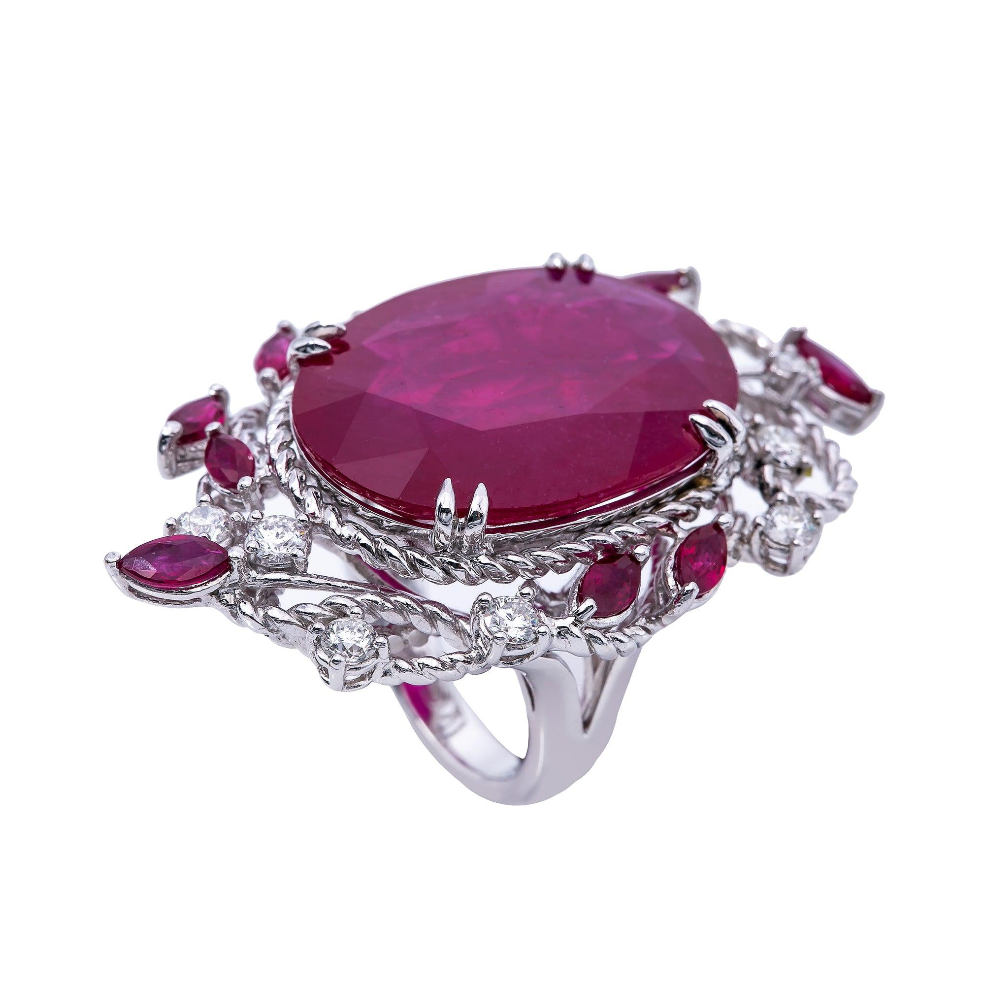 18K White Gold Round Shaped Ruby Diamond And Gemstone Ring