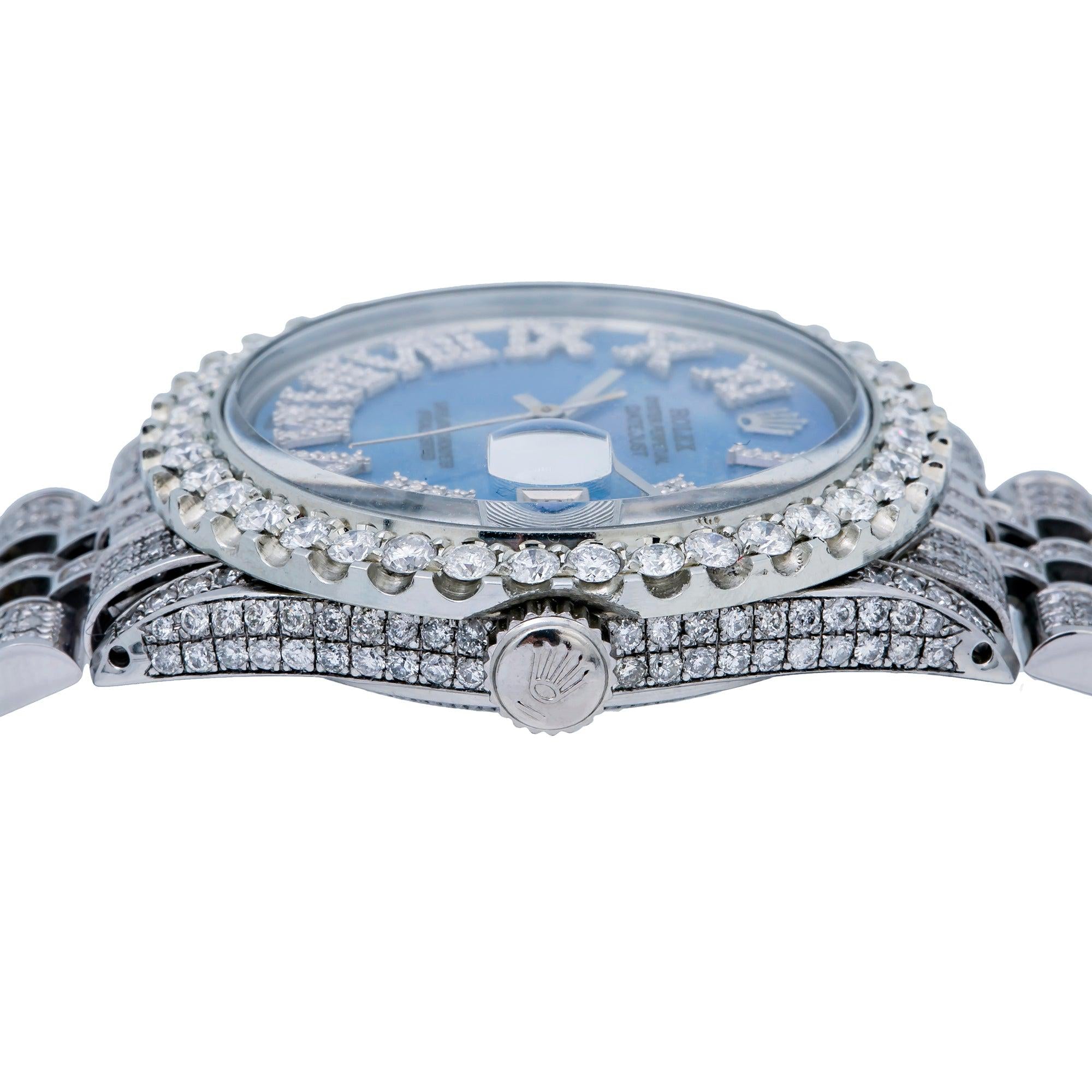 Rolex Datejust 36MM 1601 Blue Mother of Pearl Roman Diamond Dial Diamond Bezel Stainless Steel Full Diamond Jubilee Bracelet 9.25ct