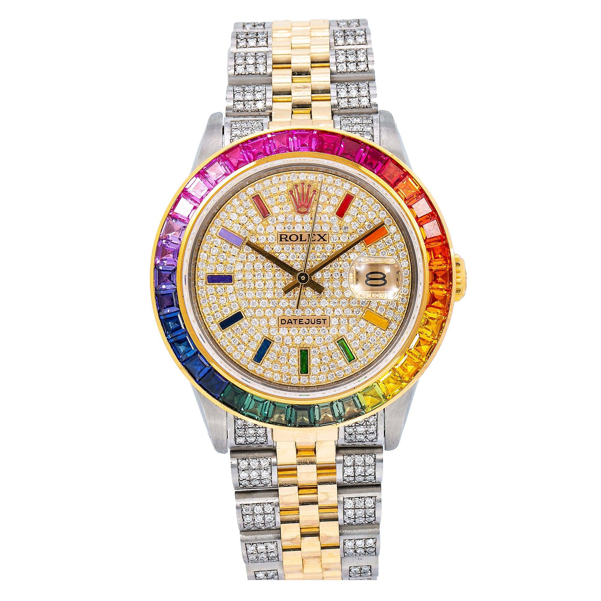 Rolex Datejust 36MM 16013 Diamond Paved Rainbow Hour Dial Rainbow Gemstone Bezel Two Tone Semi Diamond Jubilee Bracelet 5.25ct