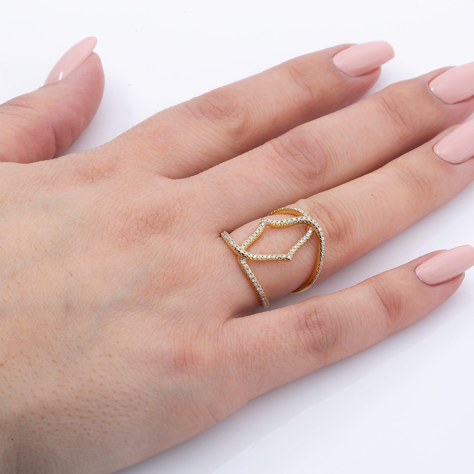 18K YELLOW GOLD DIAMOND DOUBLE CONNECTED CIRCLES RING 0.43 CT