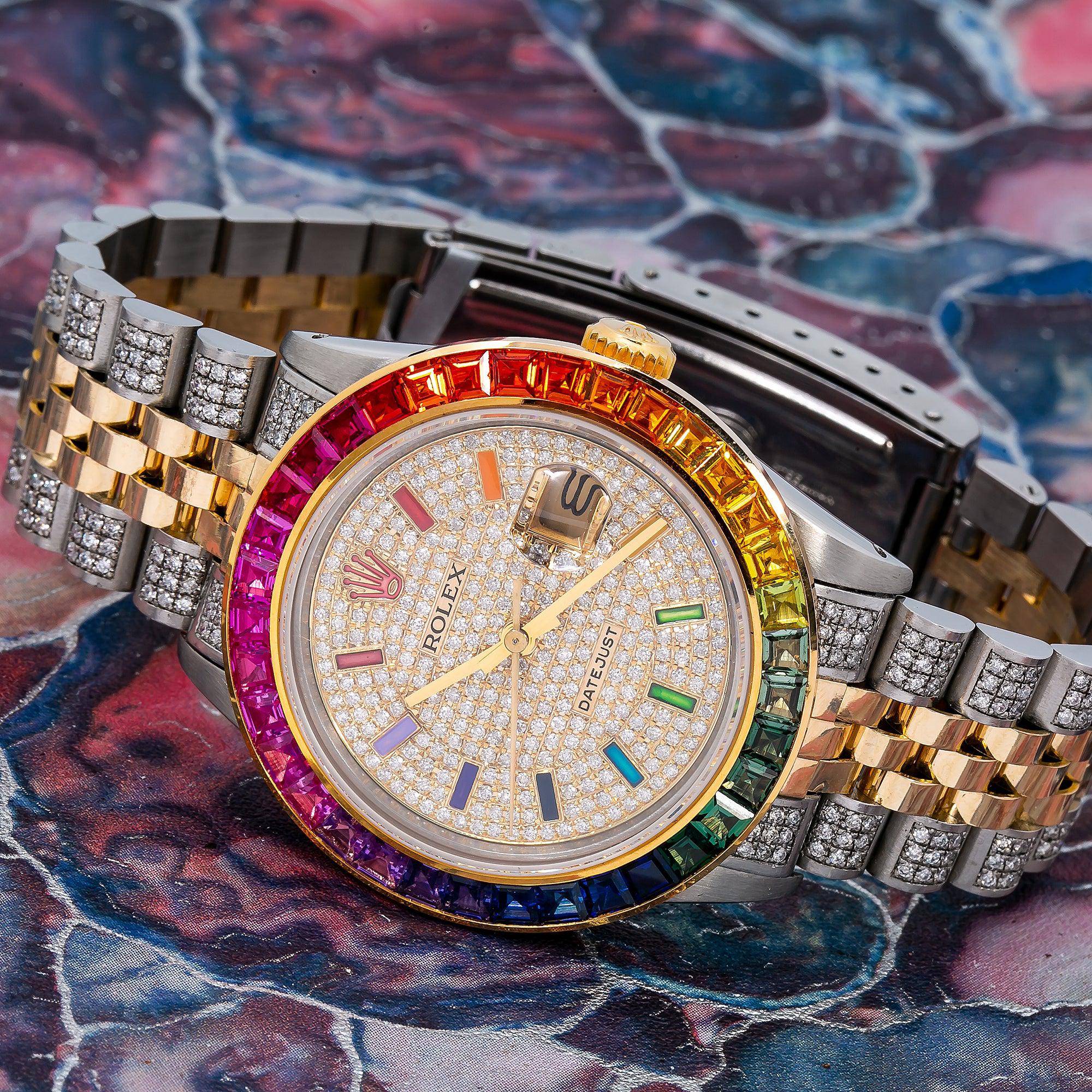 Rolex Datejust 36MM 16013 Diamond Paved Rainbow Hour Dial Rainbow Gemstone Bezel Two Tone Yellow Gold Semi Diamond Jubilee Bracelet 5.25ct