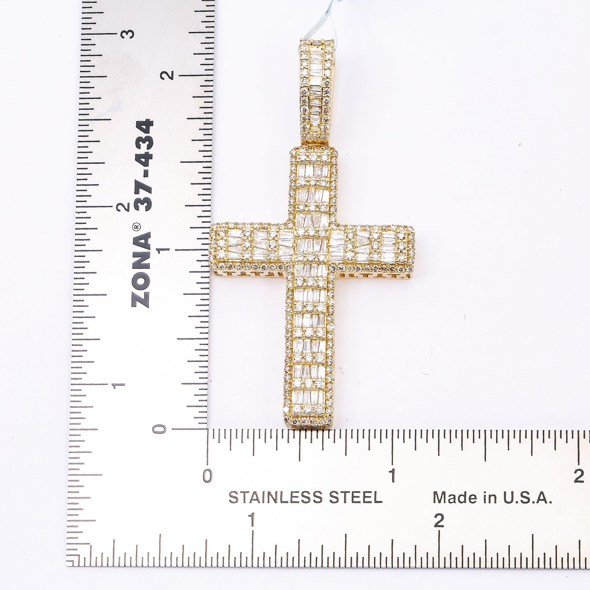 14K YELLOW GOLD CROSS  WITH 8.80 CT  BAGUETTE AND ROUND DIAMONDS