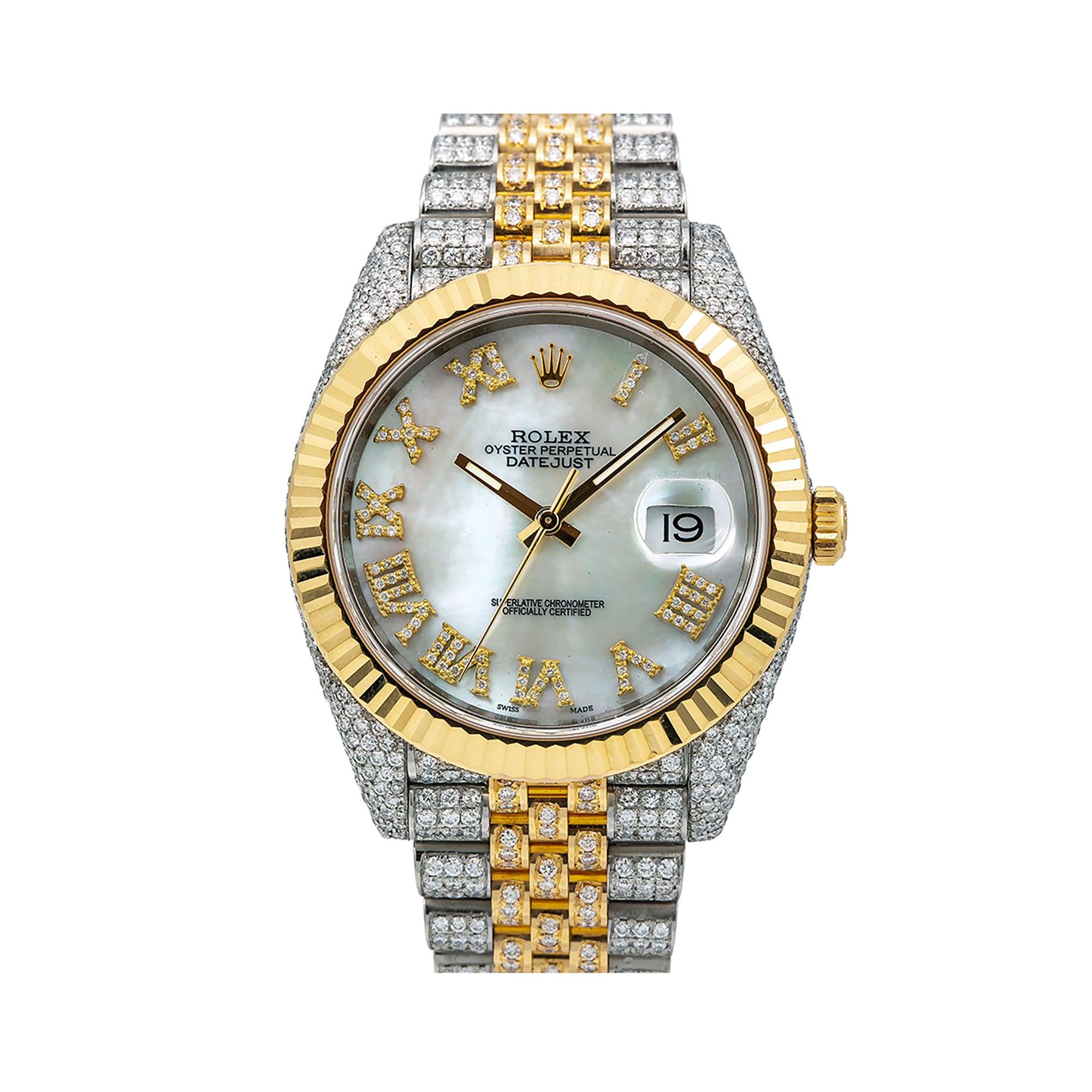 Rolex Datejust 41MM 126333 Mother of Pearl Roman Dial Yellow Gold Fluted Bezel Two Tone Full Diamond Jubilee Bracelet
