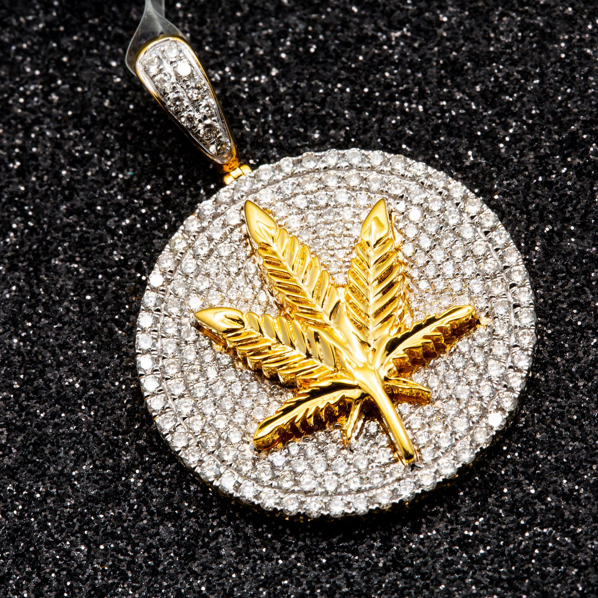 10K GOLD DIAMOND CANNABIS LEAF MEDALLION PENDANT 2.15 CT