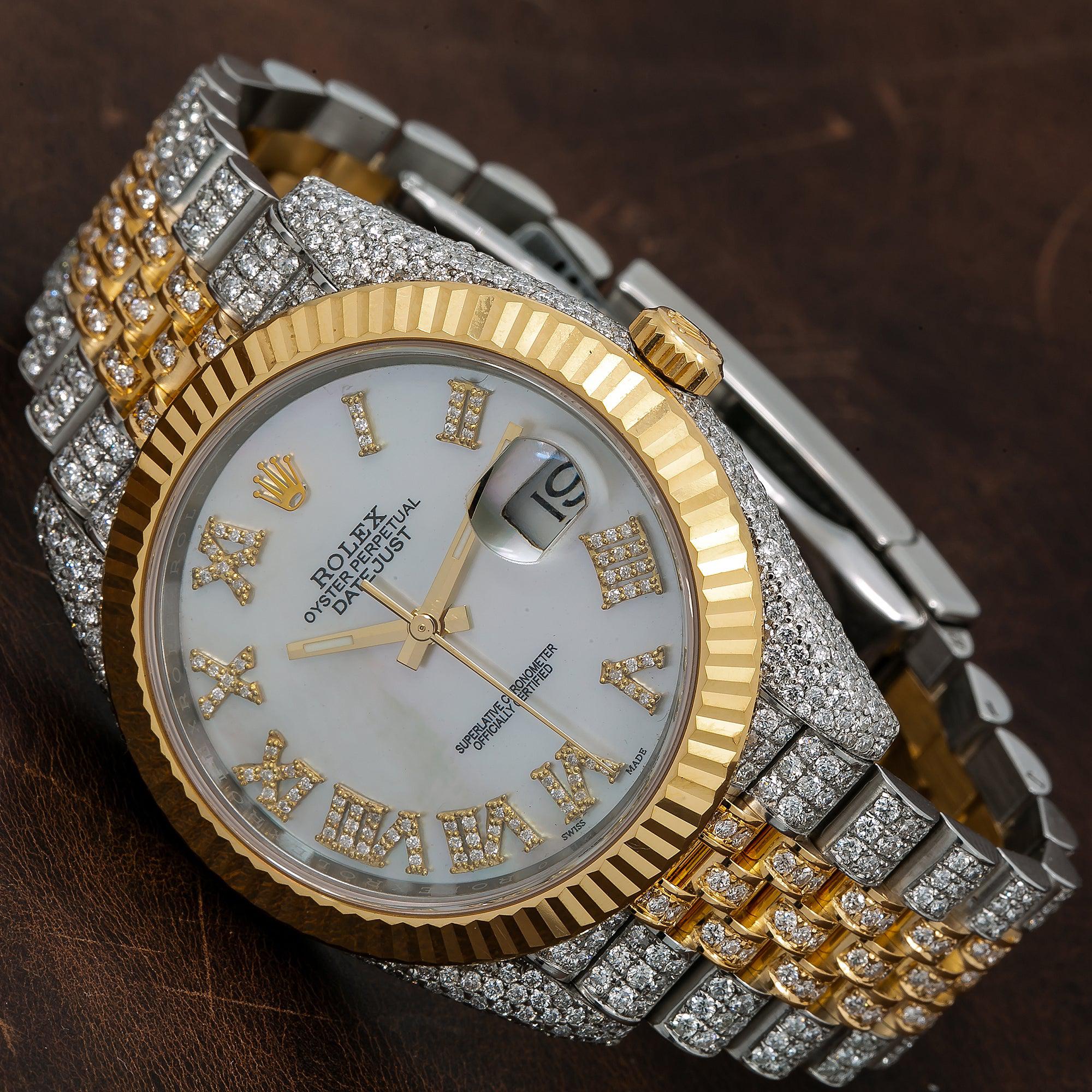 Rolex Datejust 41MM 126333 White Mother of Pearl Roman Diamond Dial Fluted Bezel Two Tone Yellow Gold Full Diamond Jubilee Bracelet
